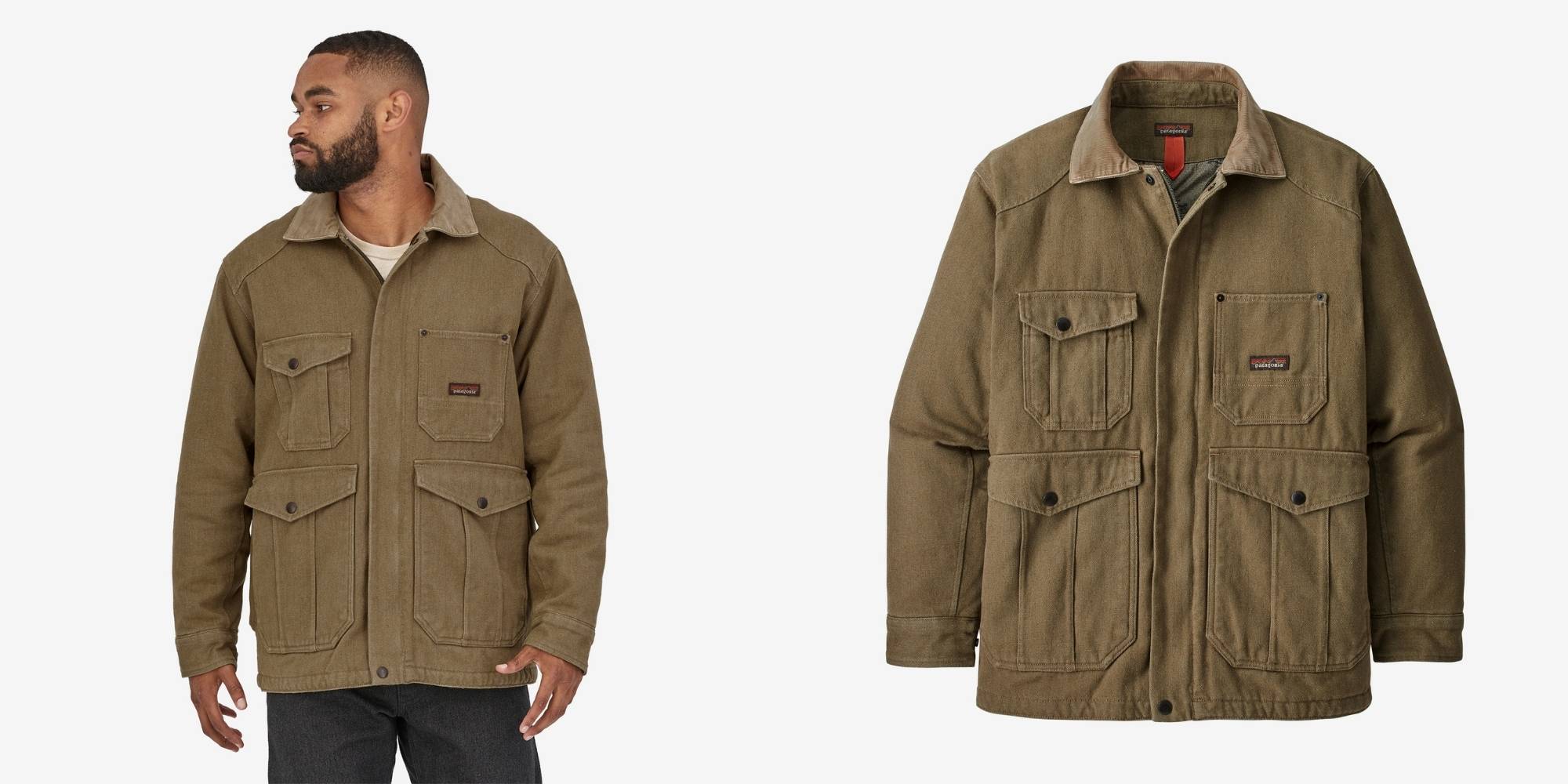 A dark green heavy work jacket by Patagonia.