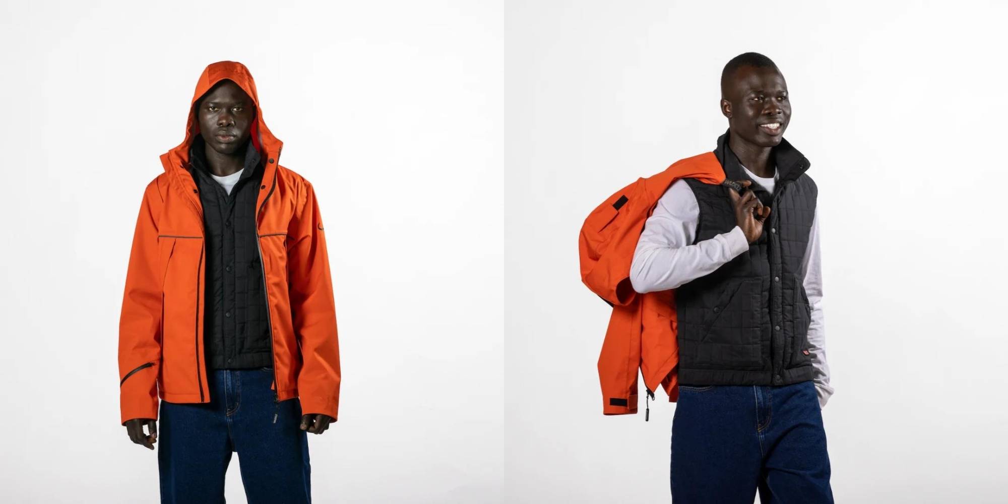 A bright red rain jacket by Wuxly Movement.