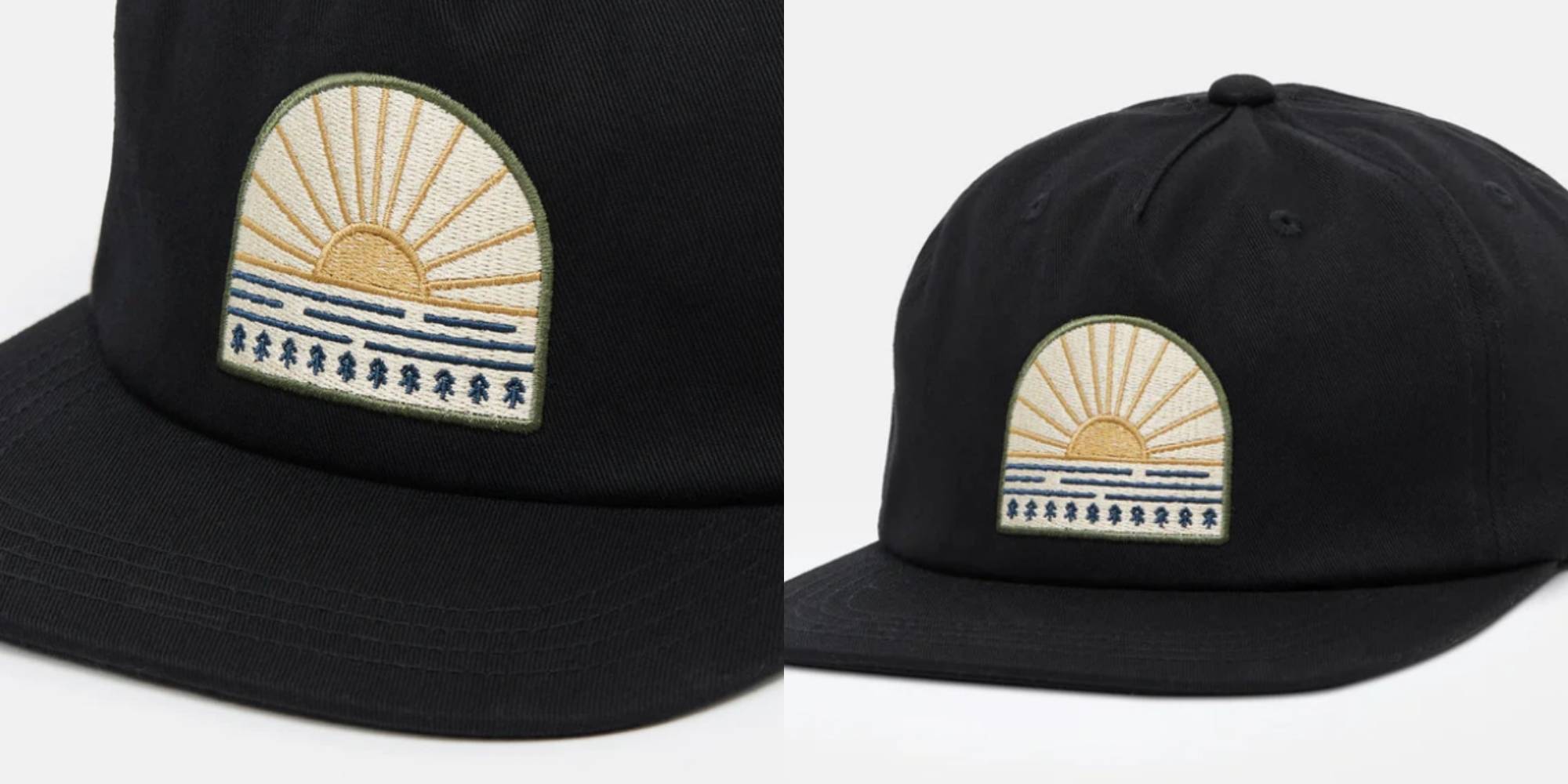 Black snap back cap with sun logo on the front.