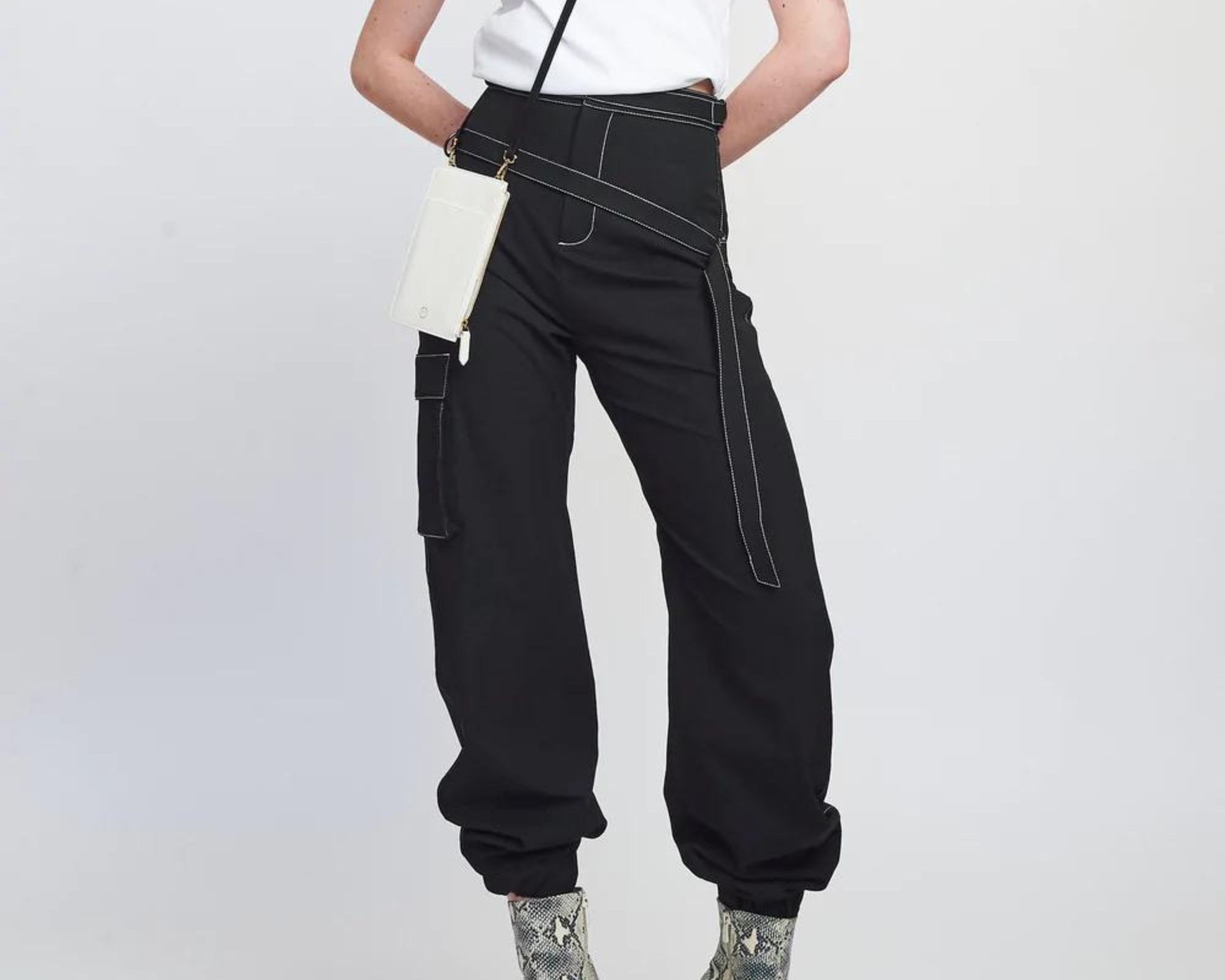 Black zero waste cargo pants by The R Collective.