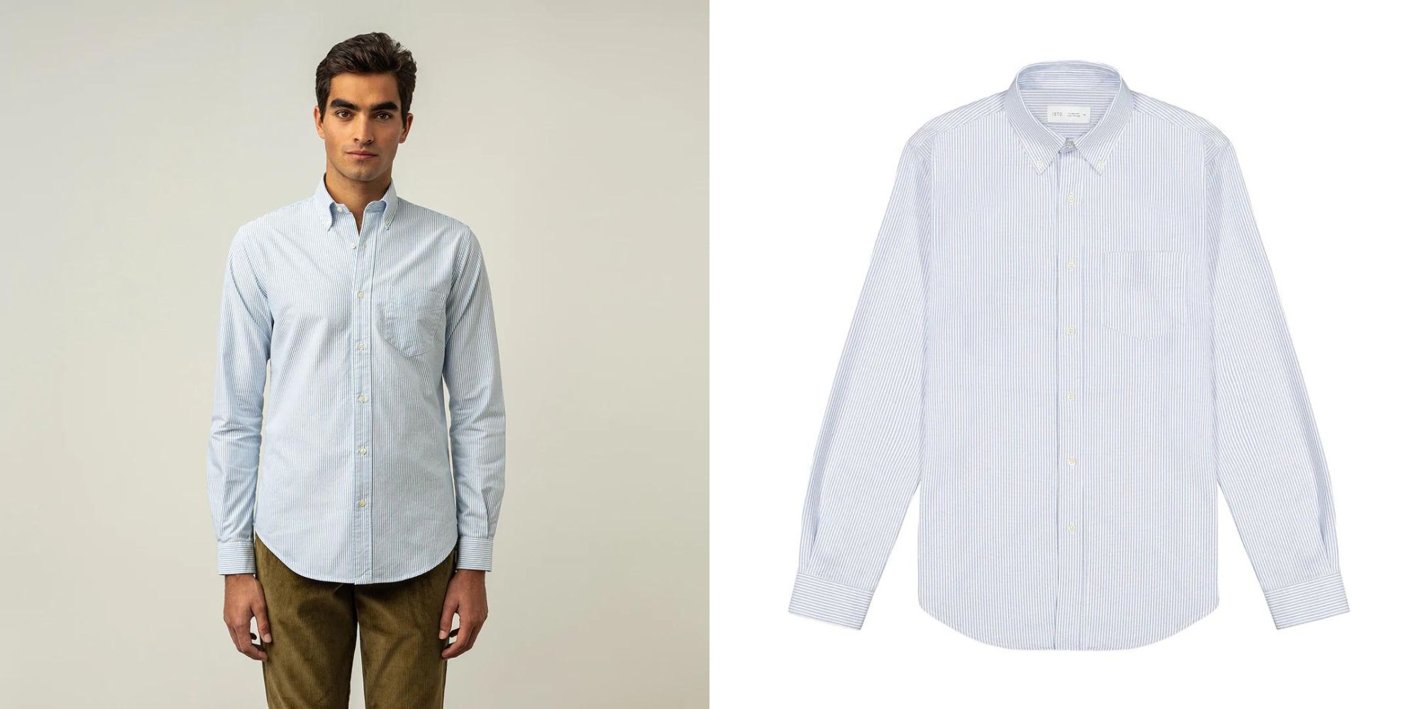 A blue and white striped Oxford shirt made by ISTO..