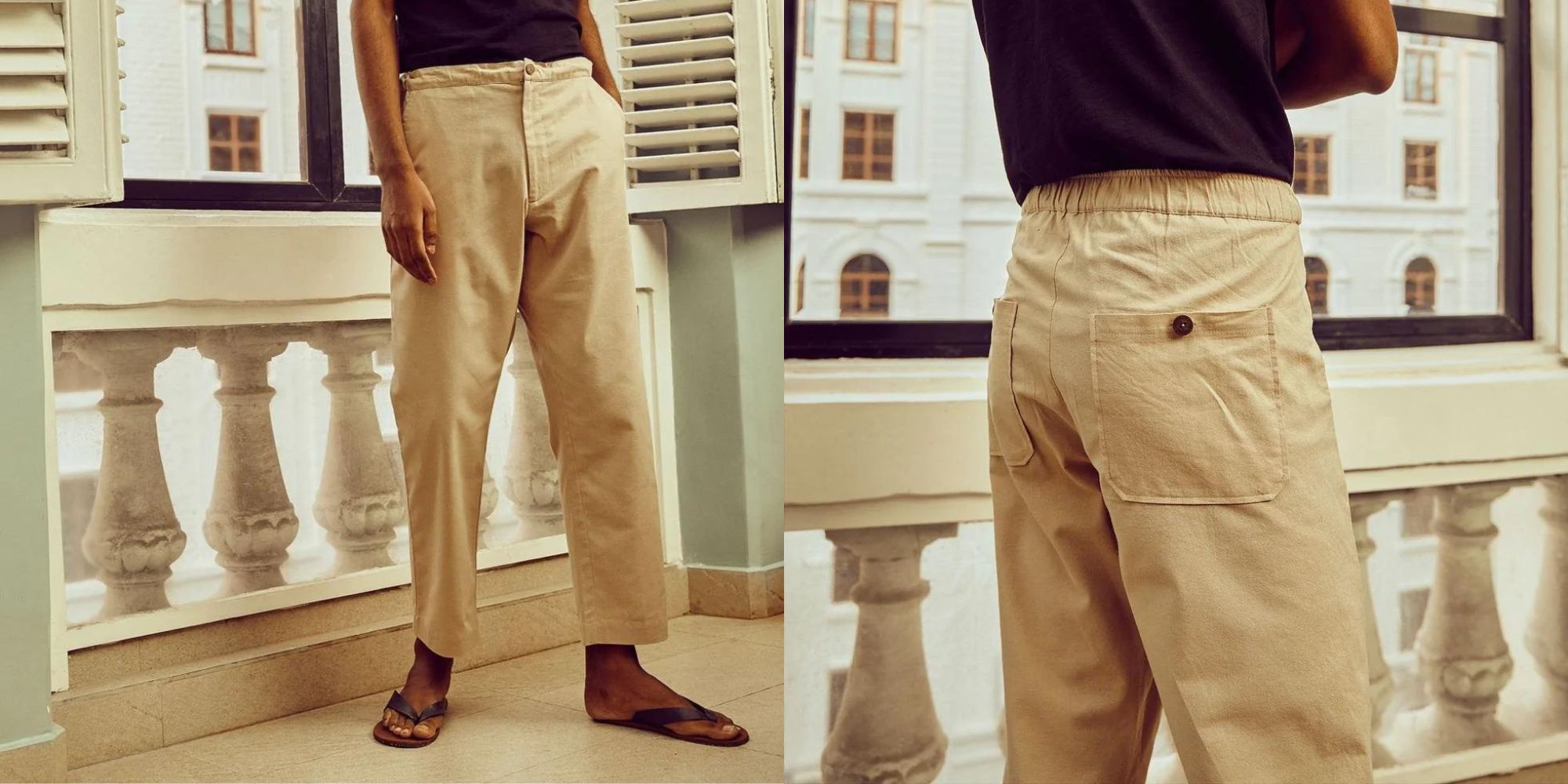 Beige casual pants ethically made by No Nasties.