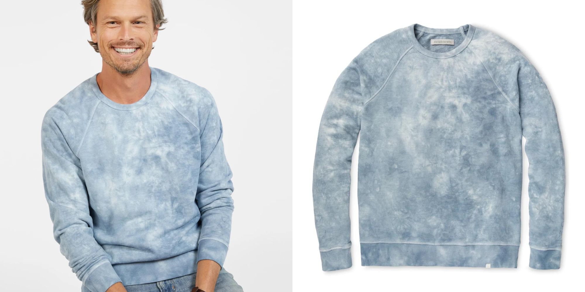A blue and white tie-dye sweater by Outerknown.