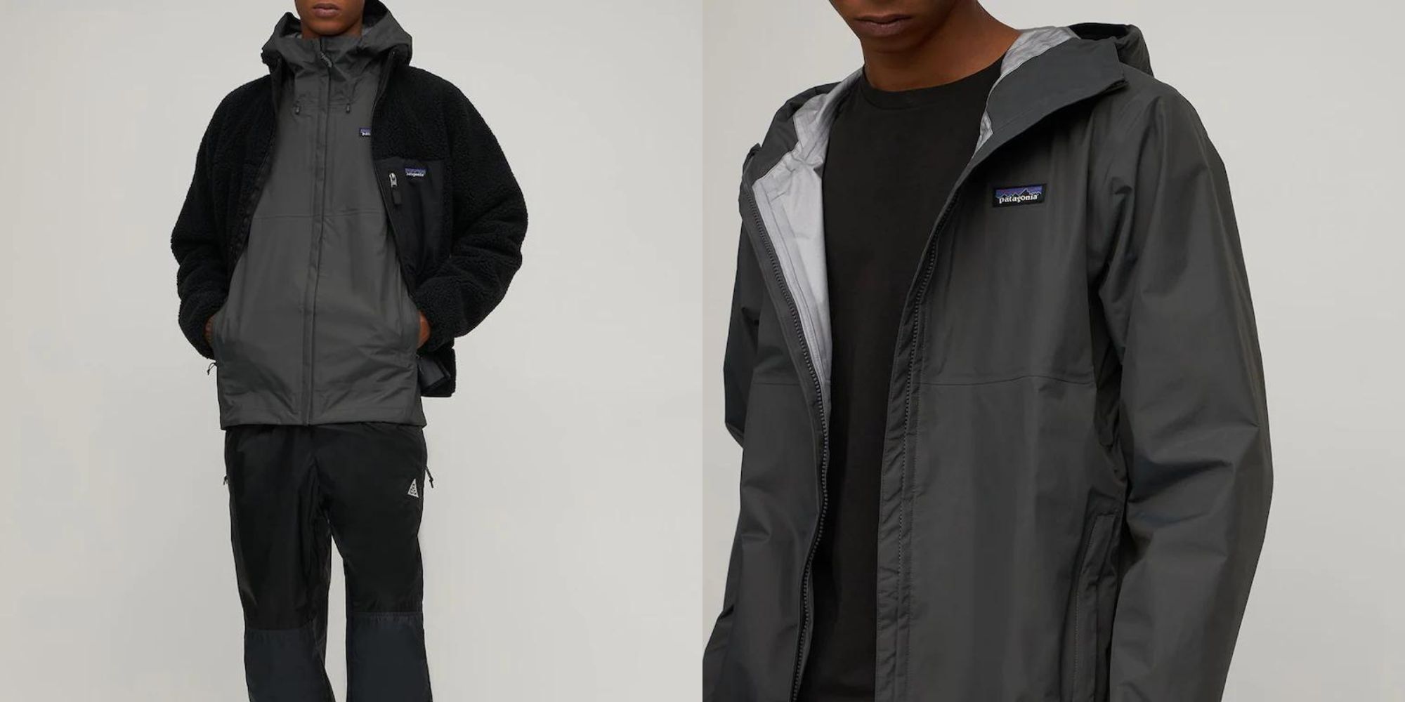 A grey sustainably waterproof windbreaker by Patagonia.