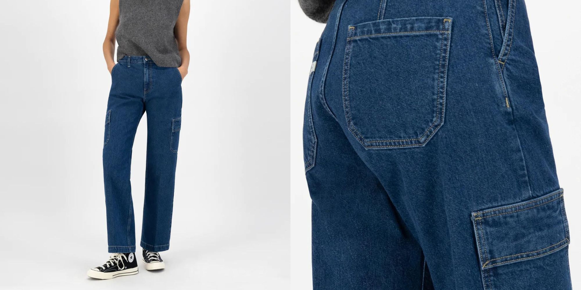 Ethically made dark blue cargo jeans by MUD Jeans.