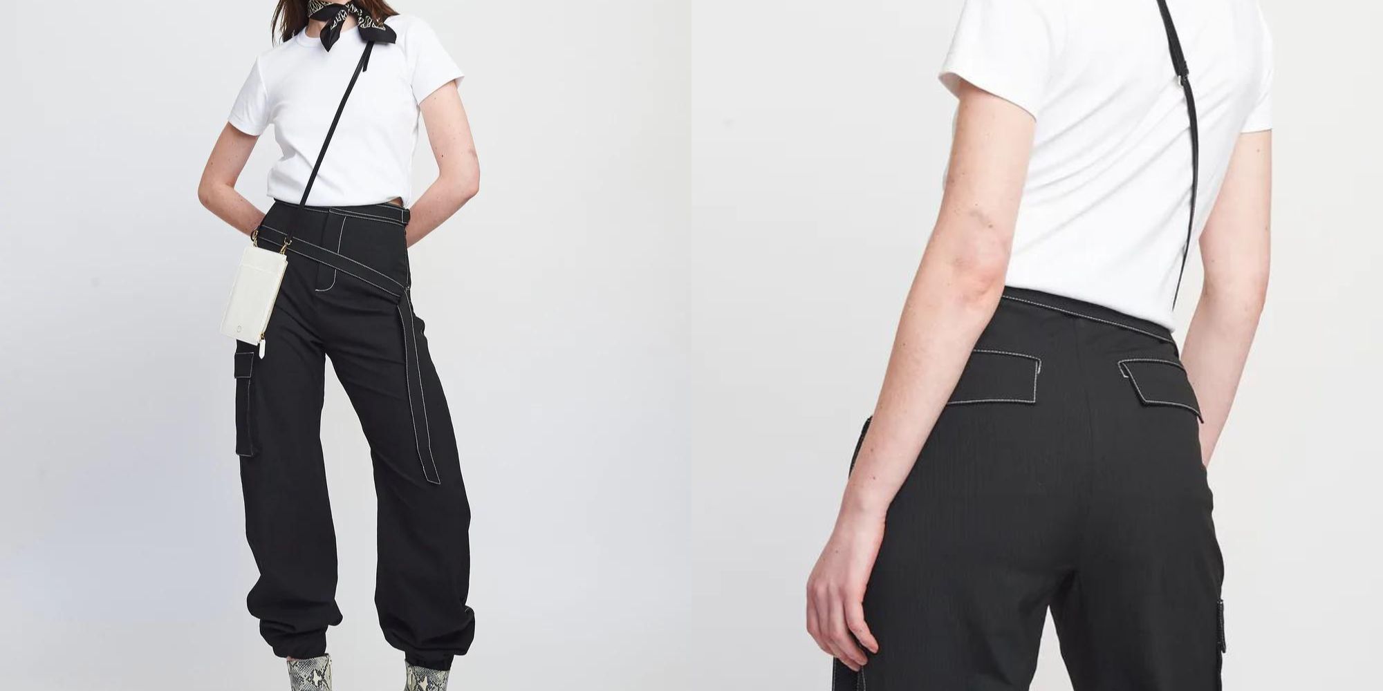 Black zero waste cargo pants by The R Collective.