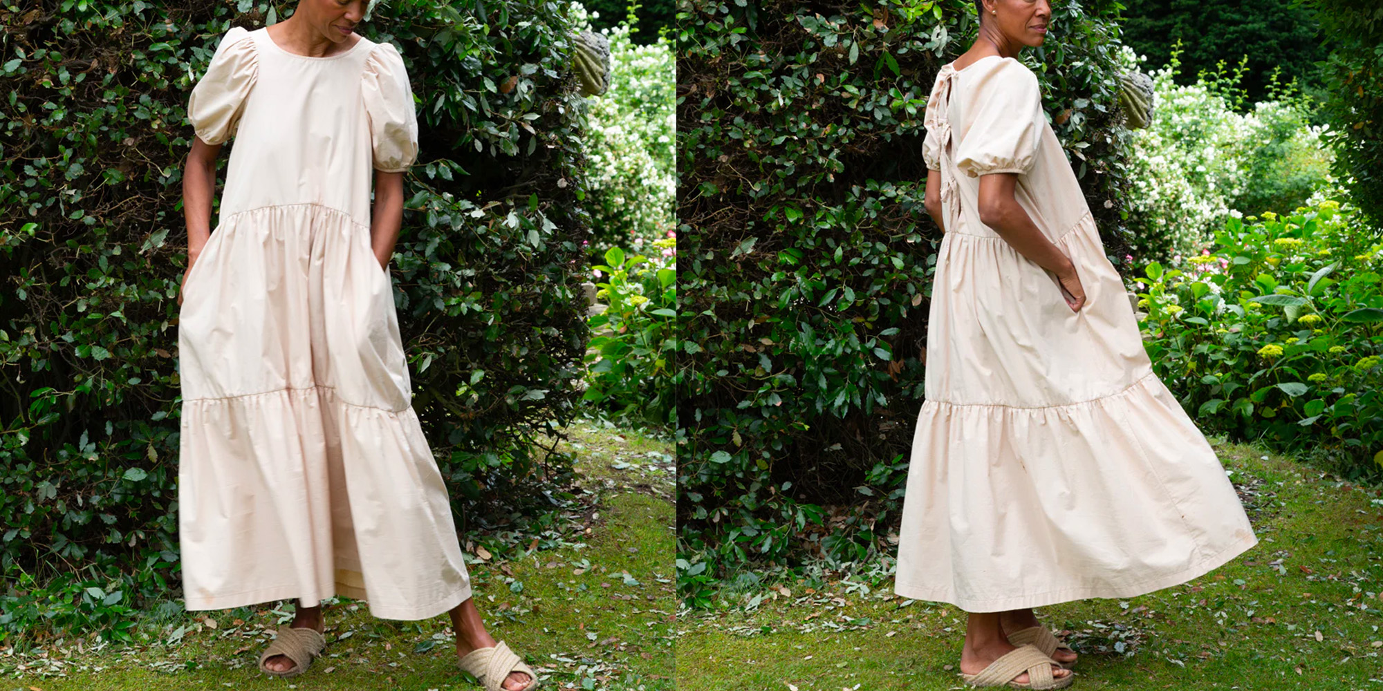 A woman in a flowy maxi dress by Beaumont Organic.