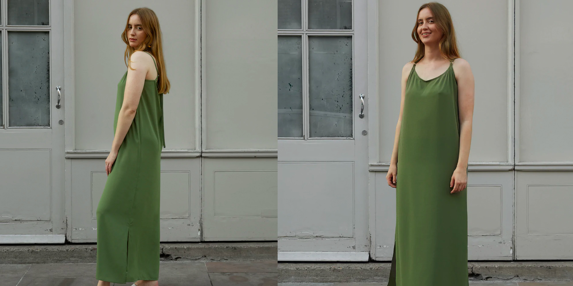 A woman in a green reclaimed dress by Birdsong.