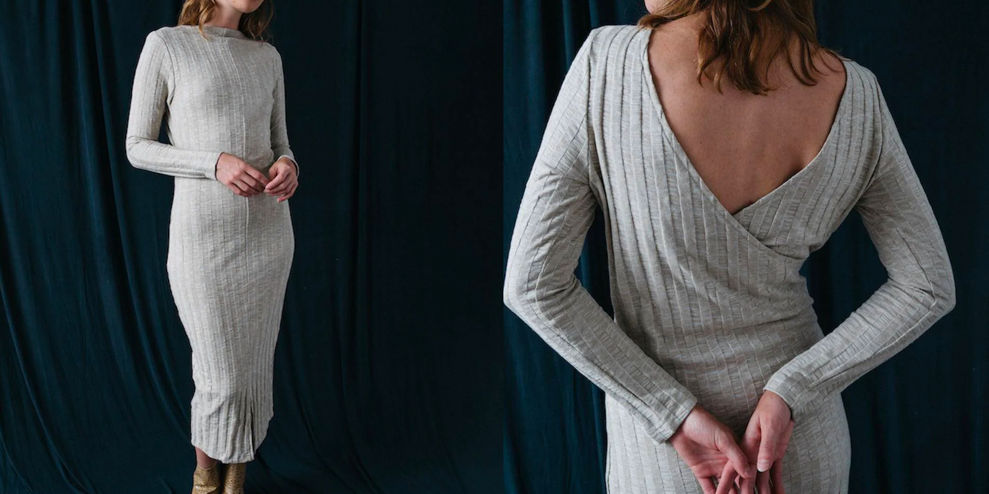 A woman in a reversible gray knit dress by COSSAC.