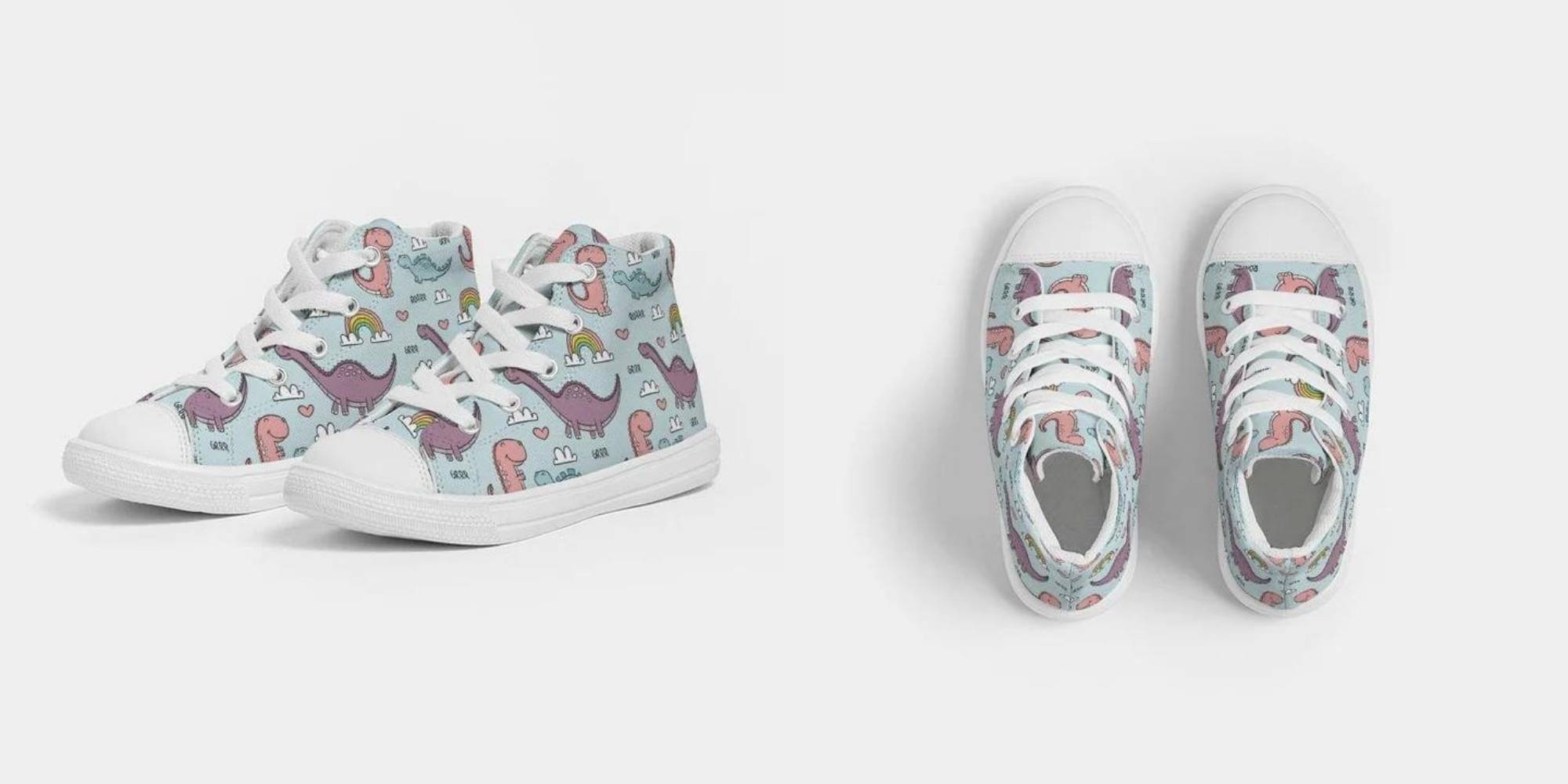 A pair of hight-top light blue sneakers by dinosaur print by Offbeat Sweetie.