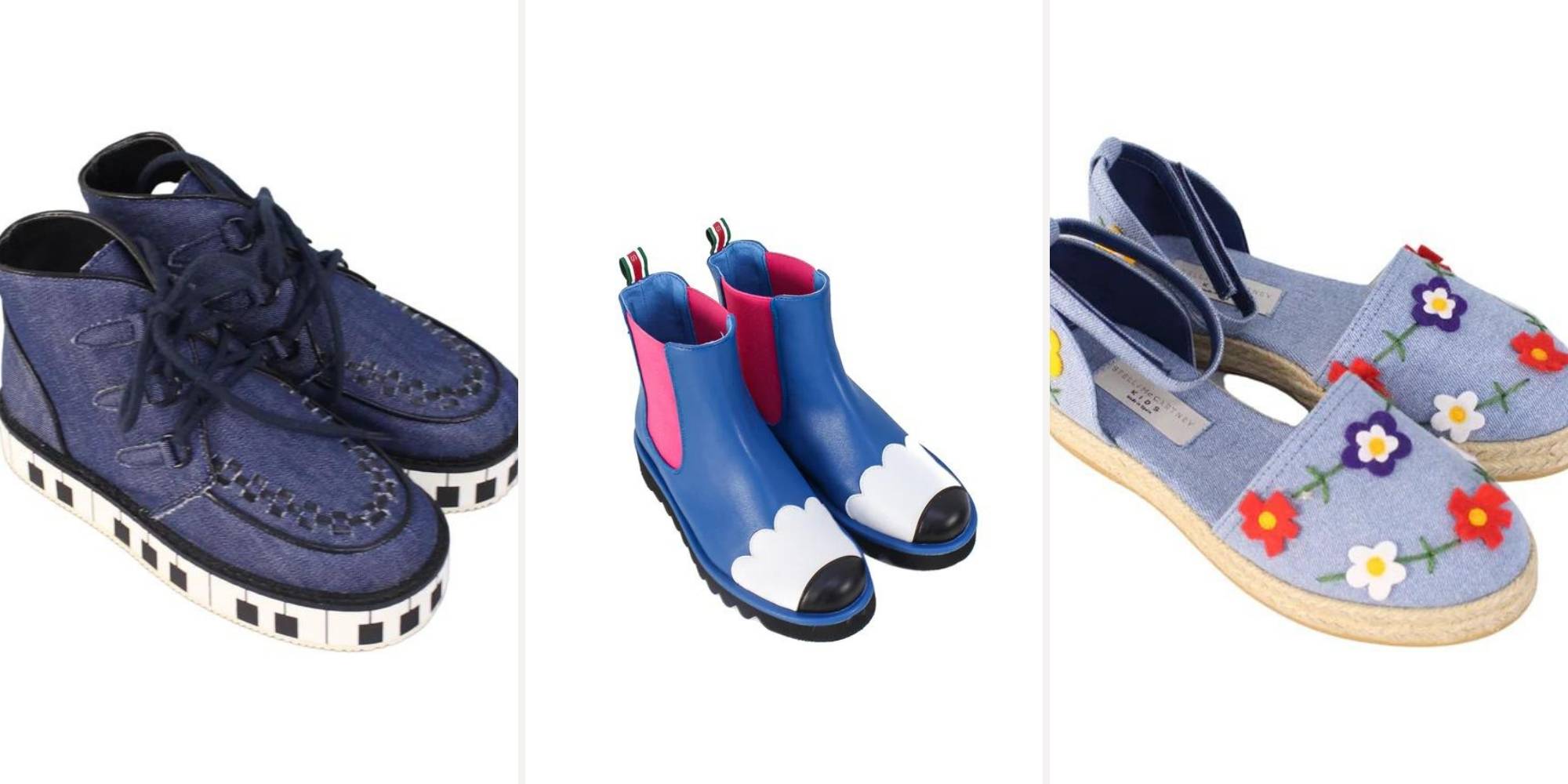 Three images side by side of second hand children shoes by Stella McCartney.