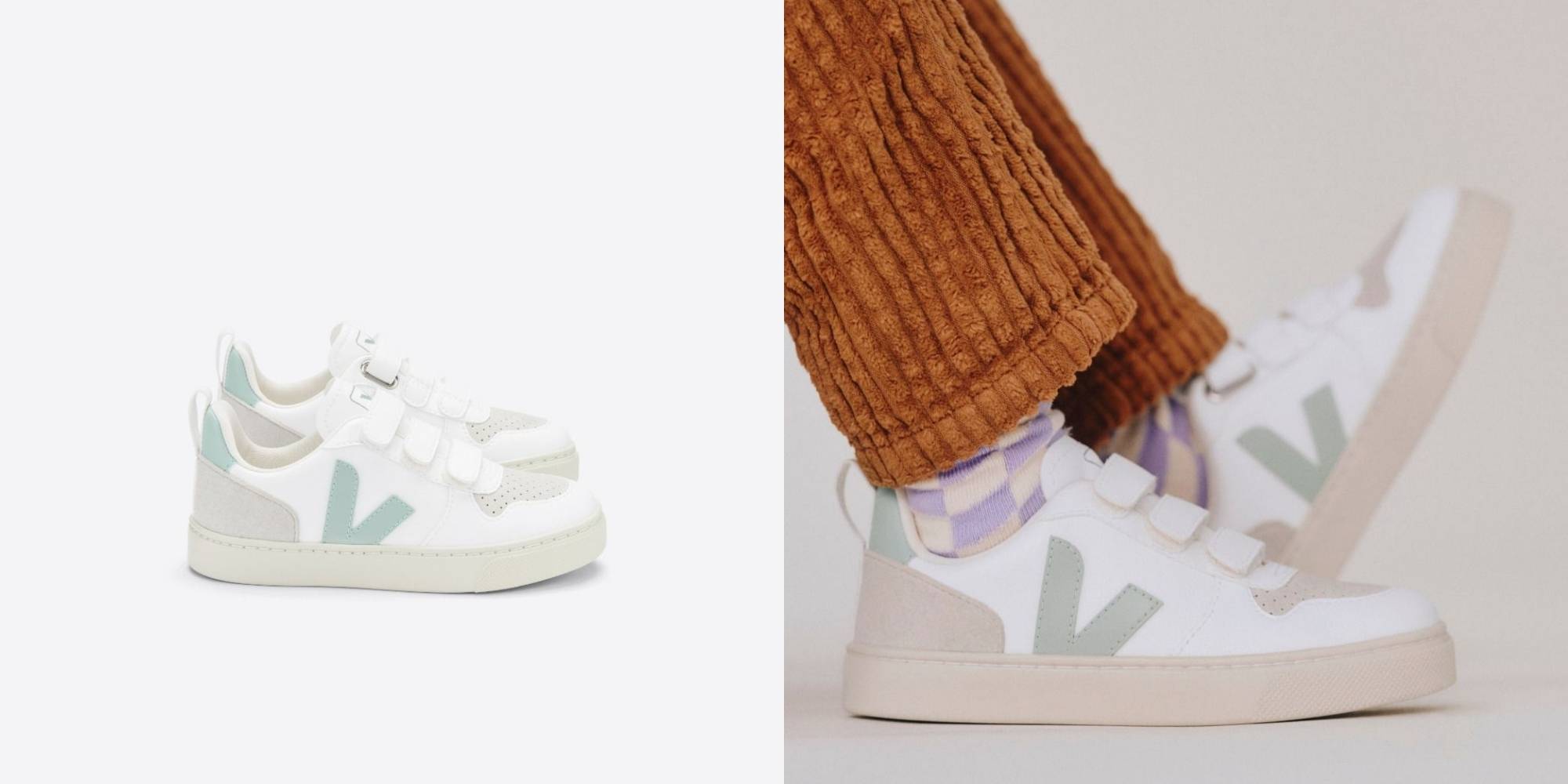 A pair of white Veja children sneakers.
