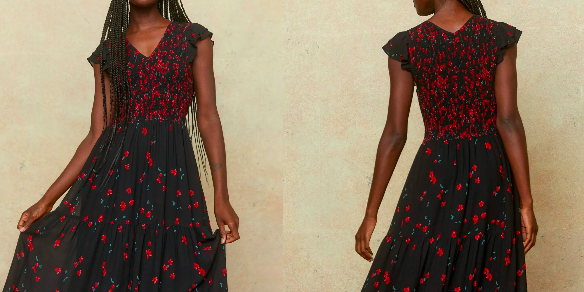 A woman wearing a maxi floral dress by Christy Dawn.