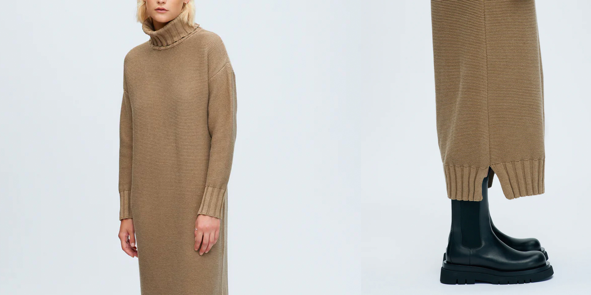 A woman wearing a maxi knitted dress by KOTN.