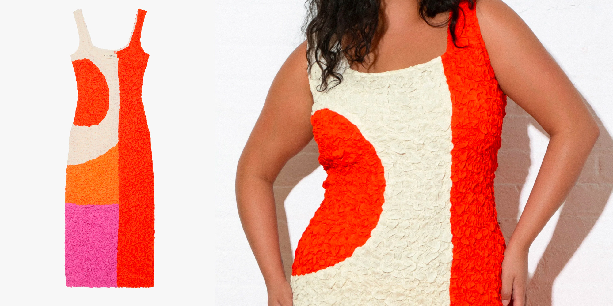 A woman wearing a colourful dress by Mara Hoffman.