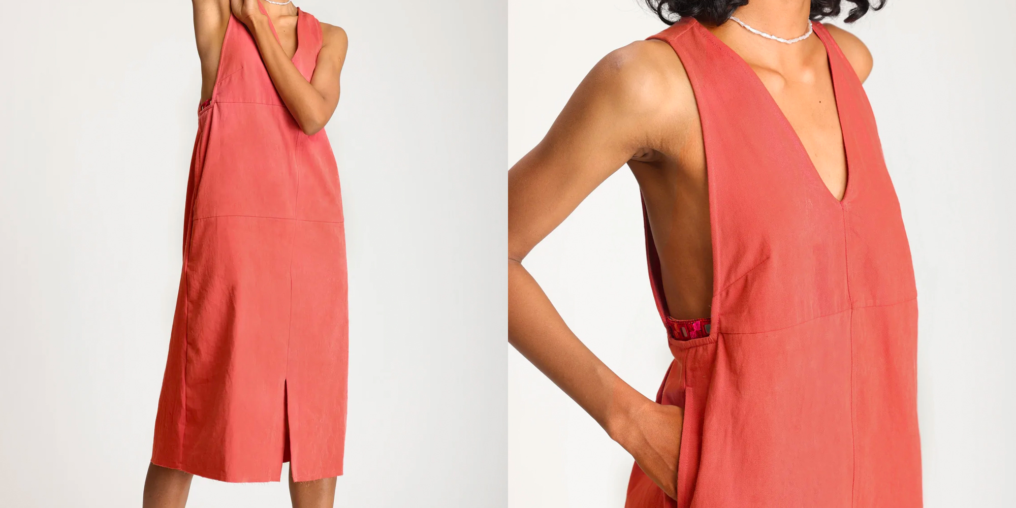 A woman in a salmon coloured dress by Maatie.