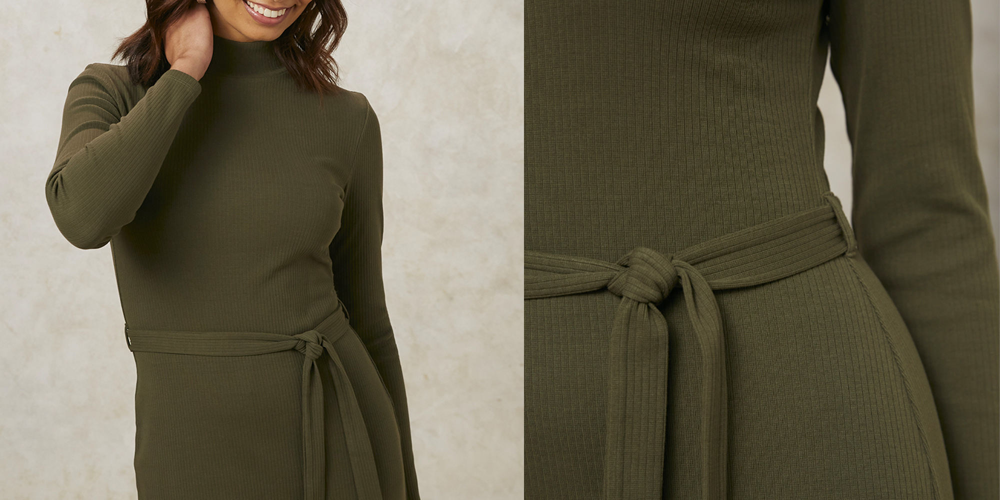 A woman wearing a green knit dress by People Tree.