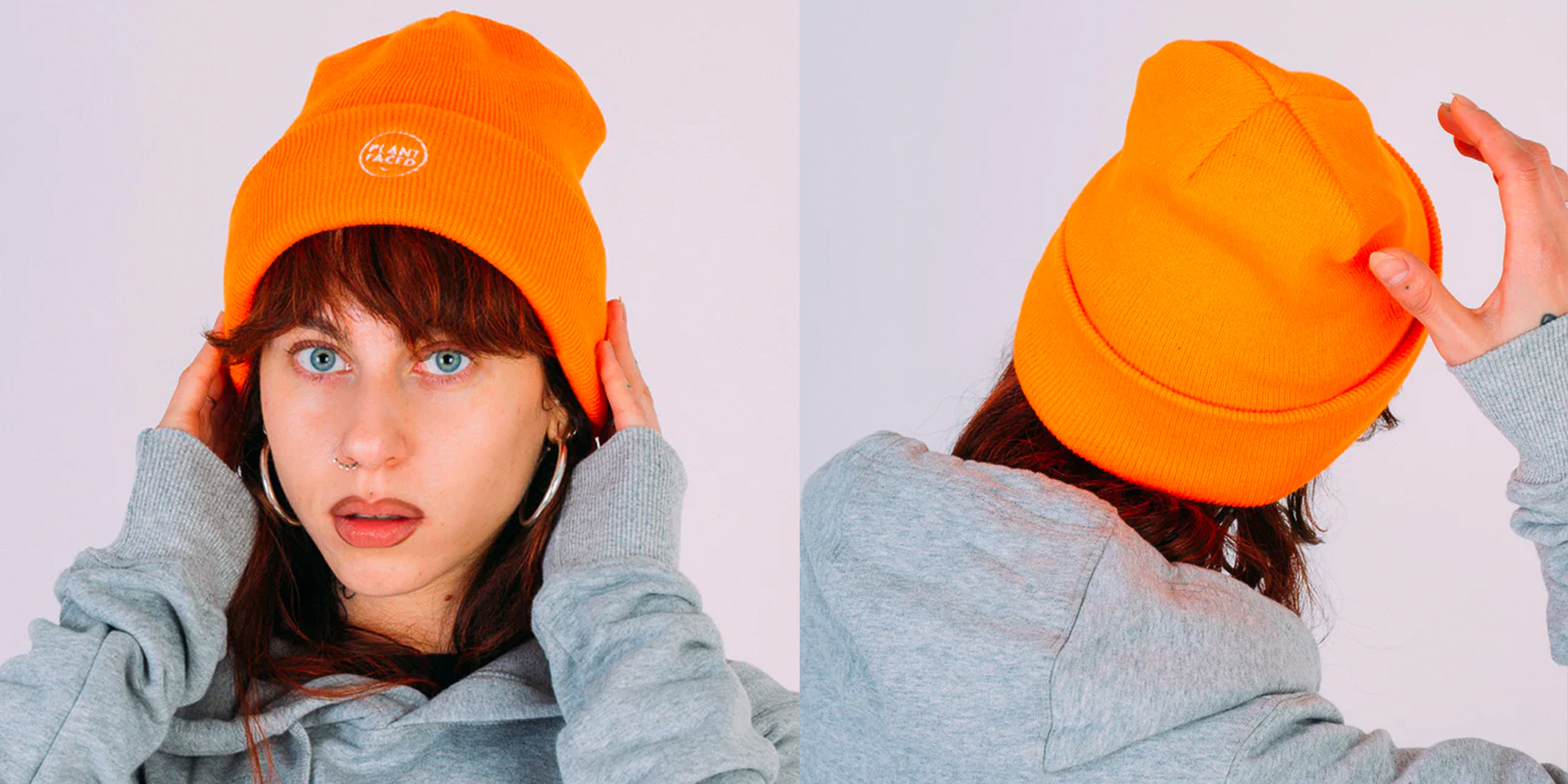 A woman in an orange beanie by PlantFaced.