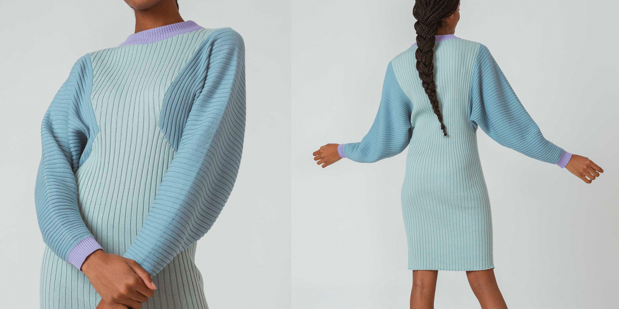 A woman wearing a blue ethical dress by SKFK.