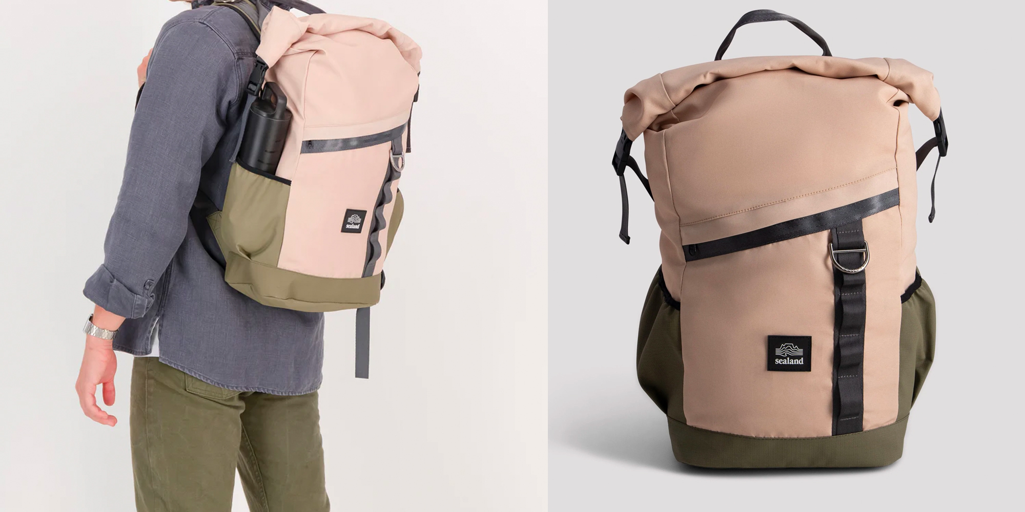 A man wearing the upcycled Rowlie backpack by Sealand.