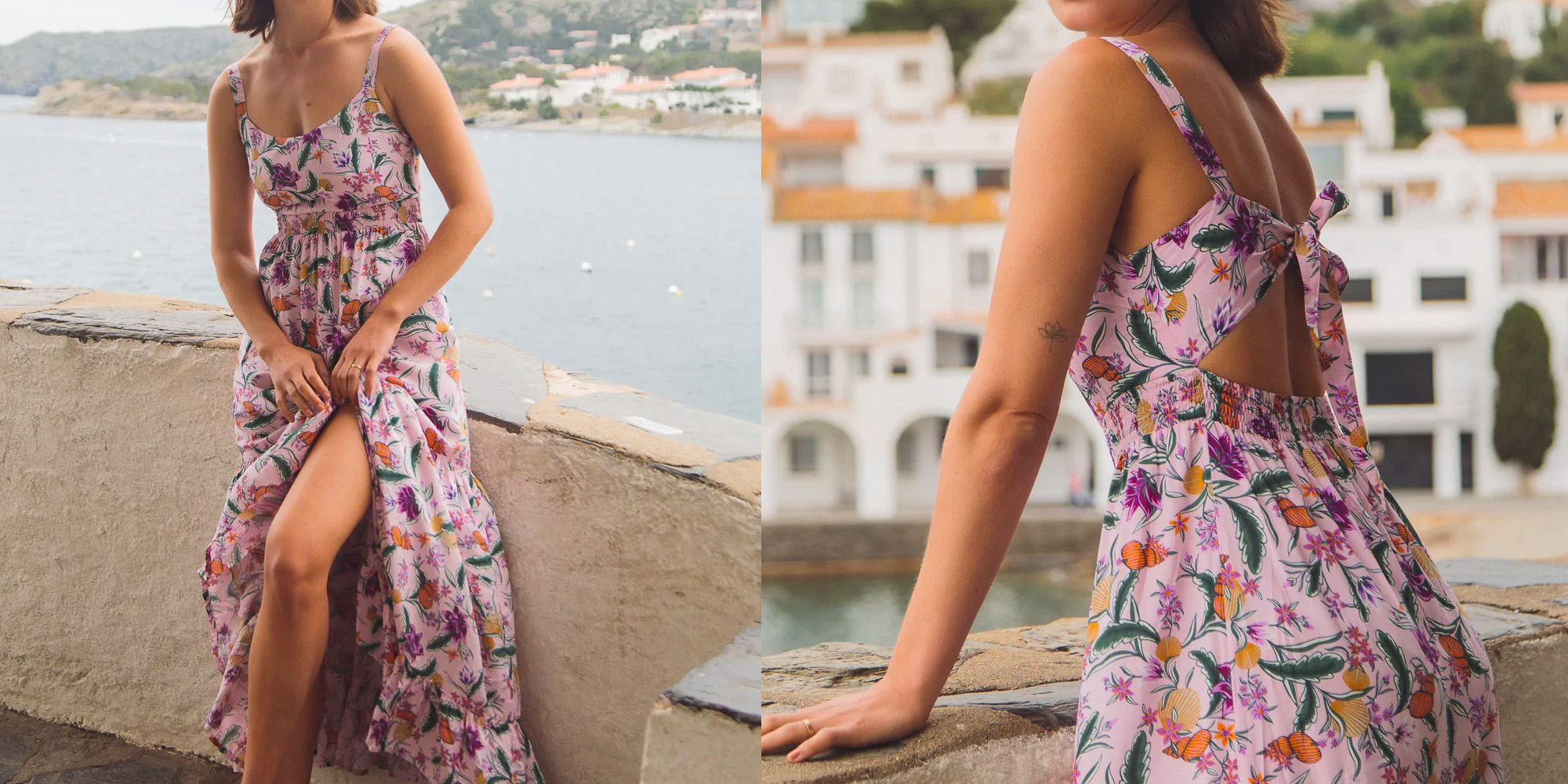 A woman wearing a flowy maxi dress by TAMGA Designs.