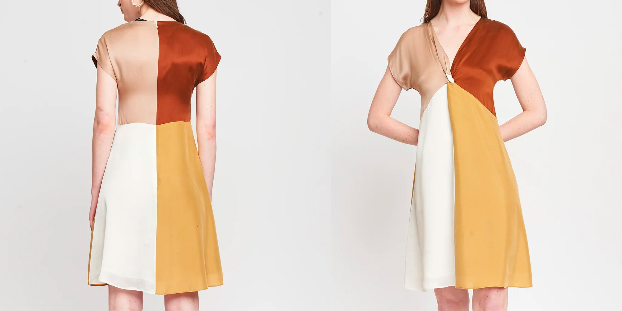 A woman wearing a colour blocked dress by The R Collective.