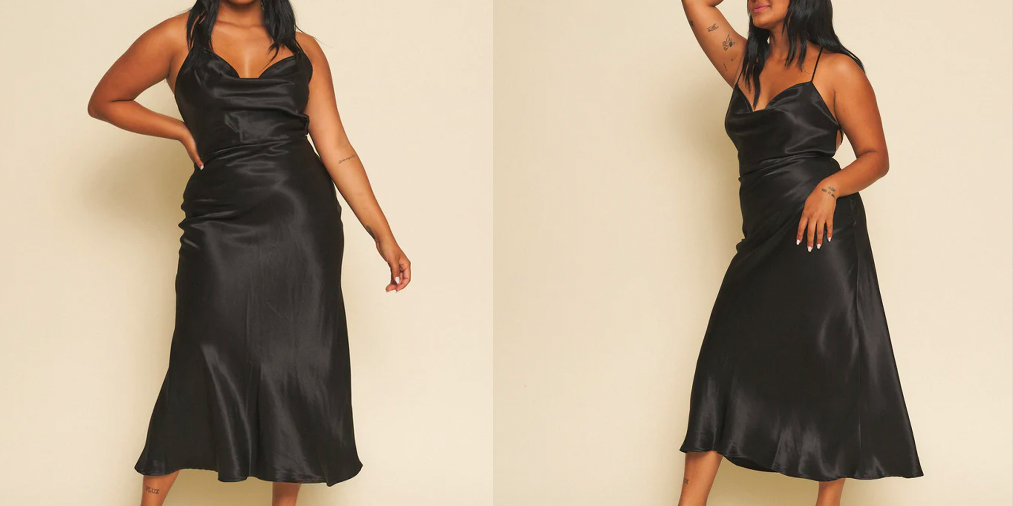 A woman wearing a sleek black dress by Whimsy + Row.