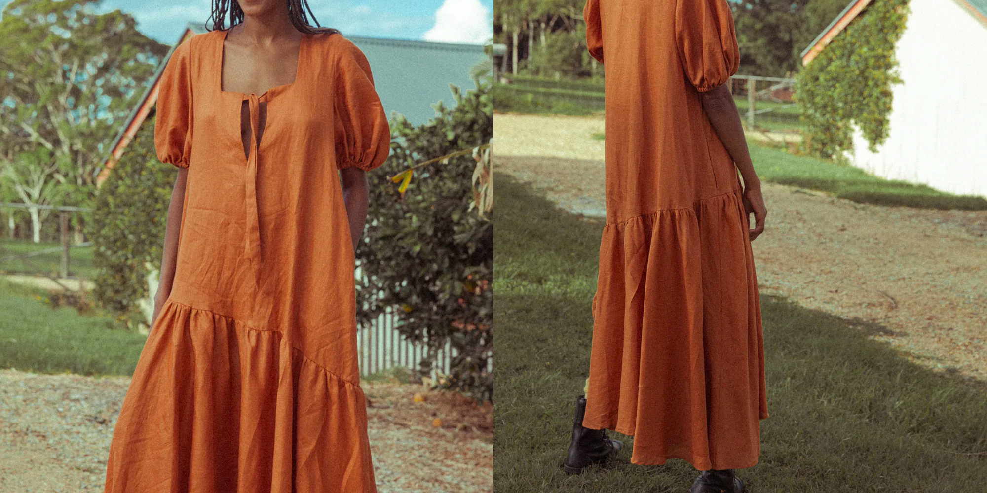 A woman in a rust coloured maxi dress by Z. The Label.
