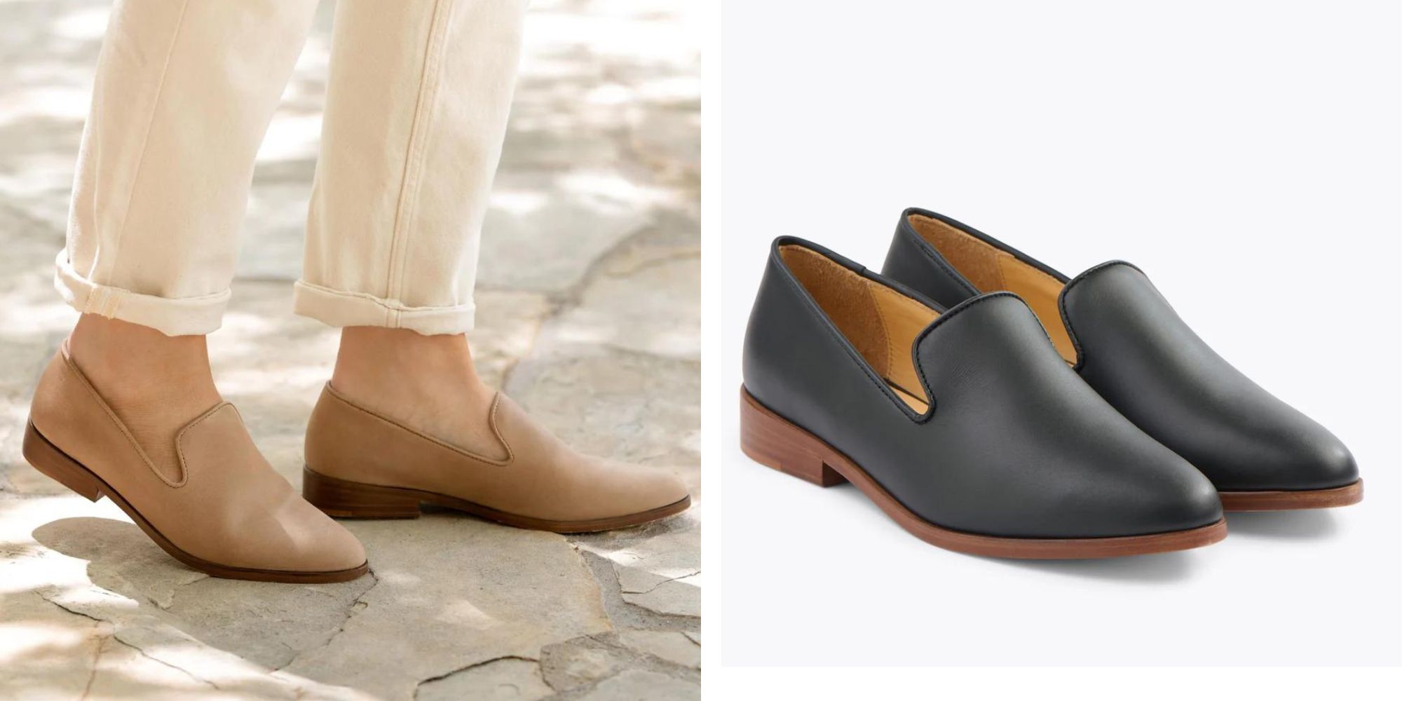 A pair of taupe and a pair of black leather loafers by Nisolo.