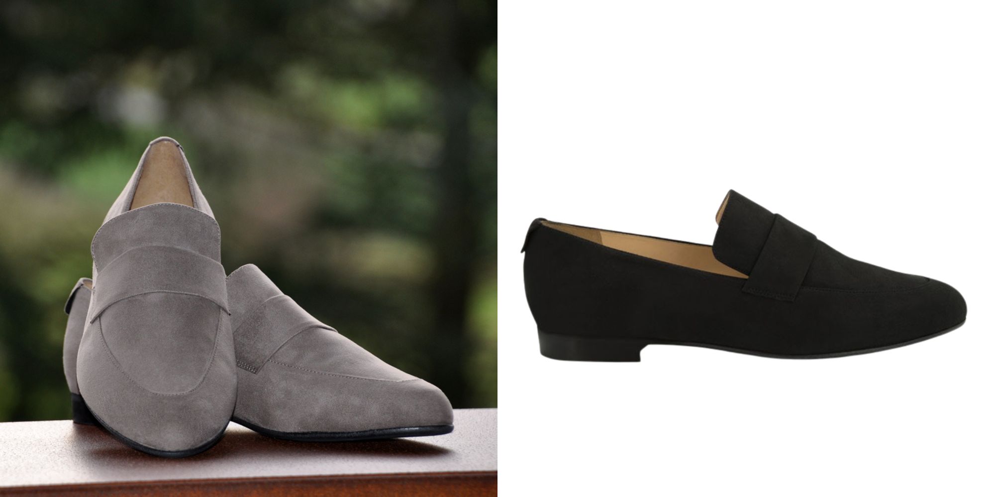 A taupe grey and a black pair of basic slip on loafers by NOAH.