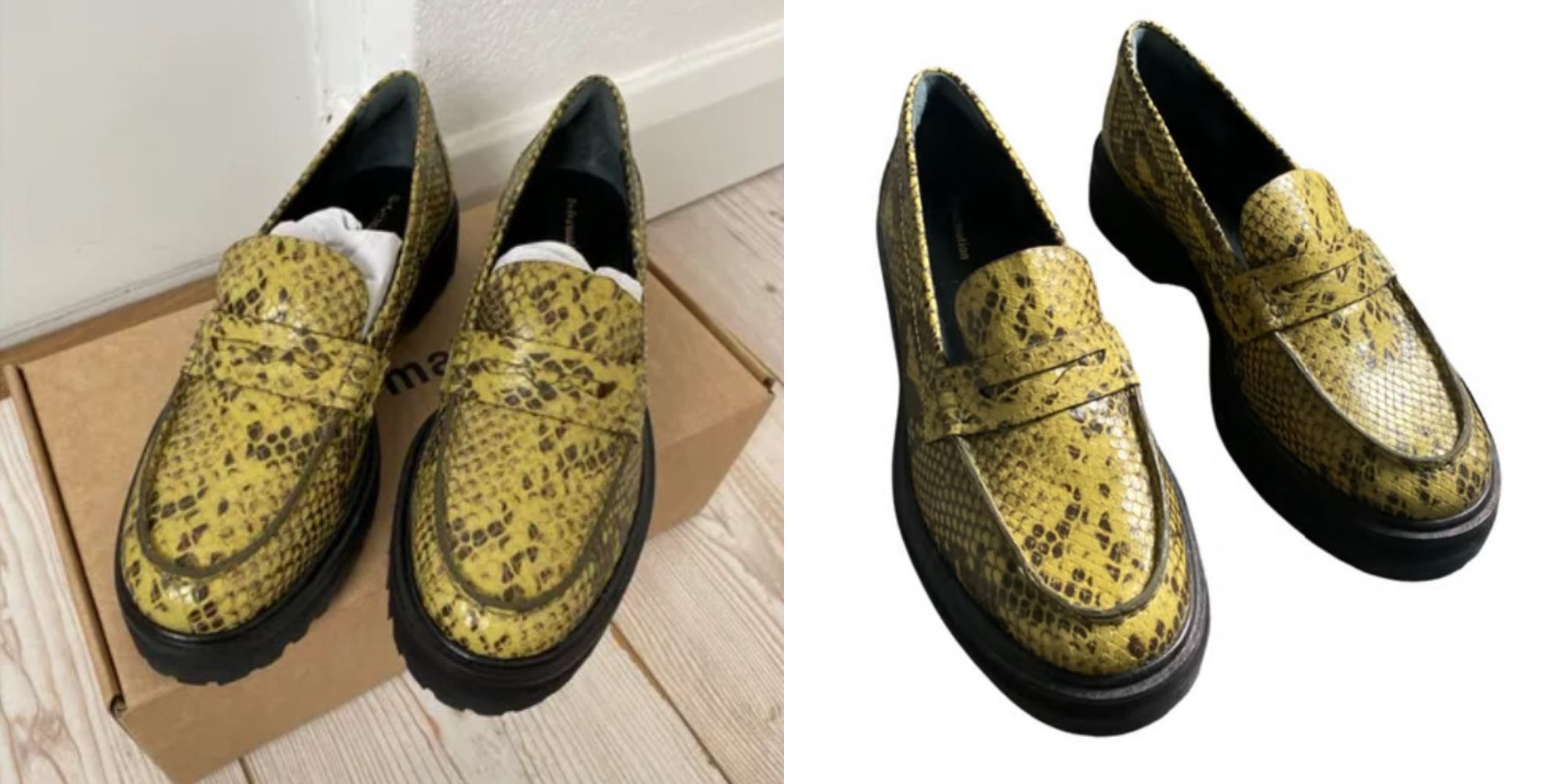 Second hand yellow and black snake print leather loafers by Reformation.
