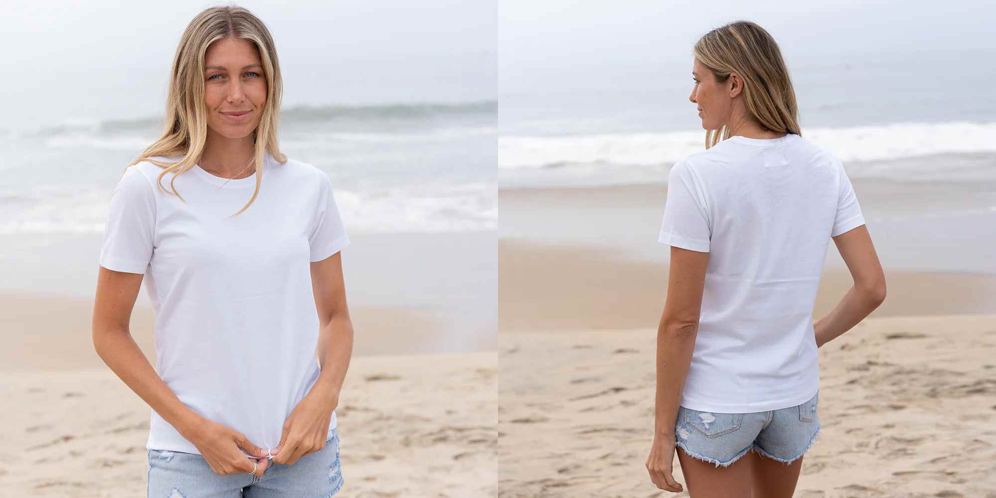 person wearing white t-shirt on a beach