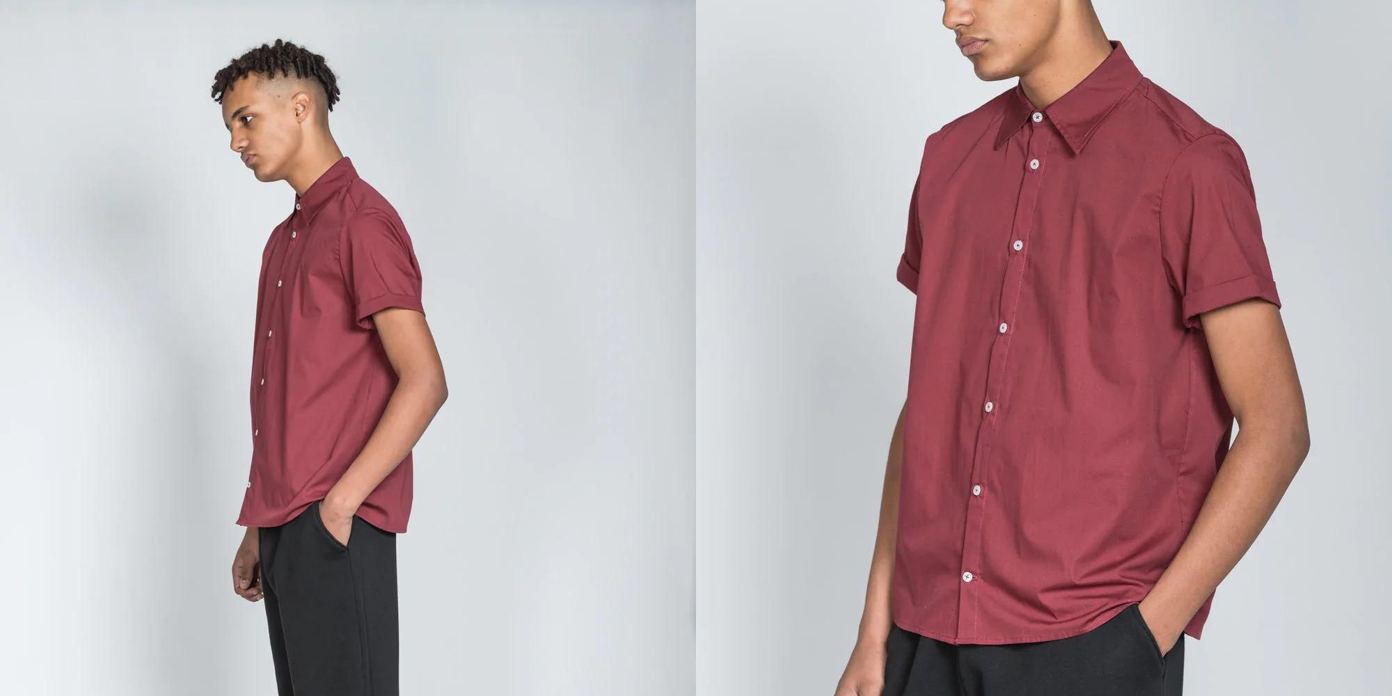A burgundy short sleeve men's organic Oxford shirt by Rozenbroek.