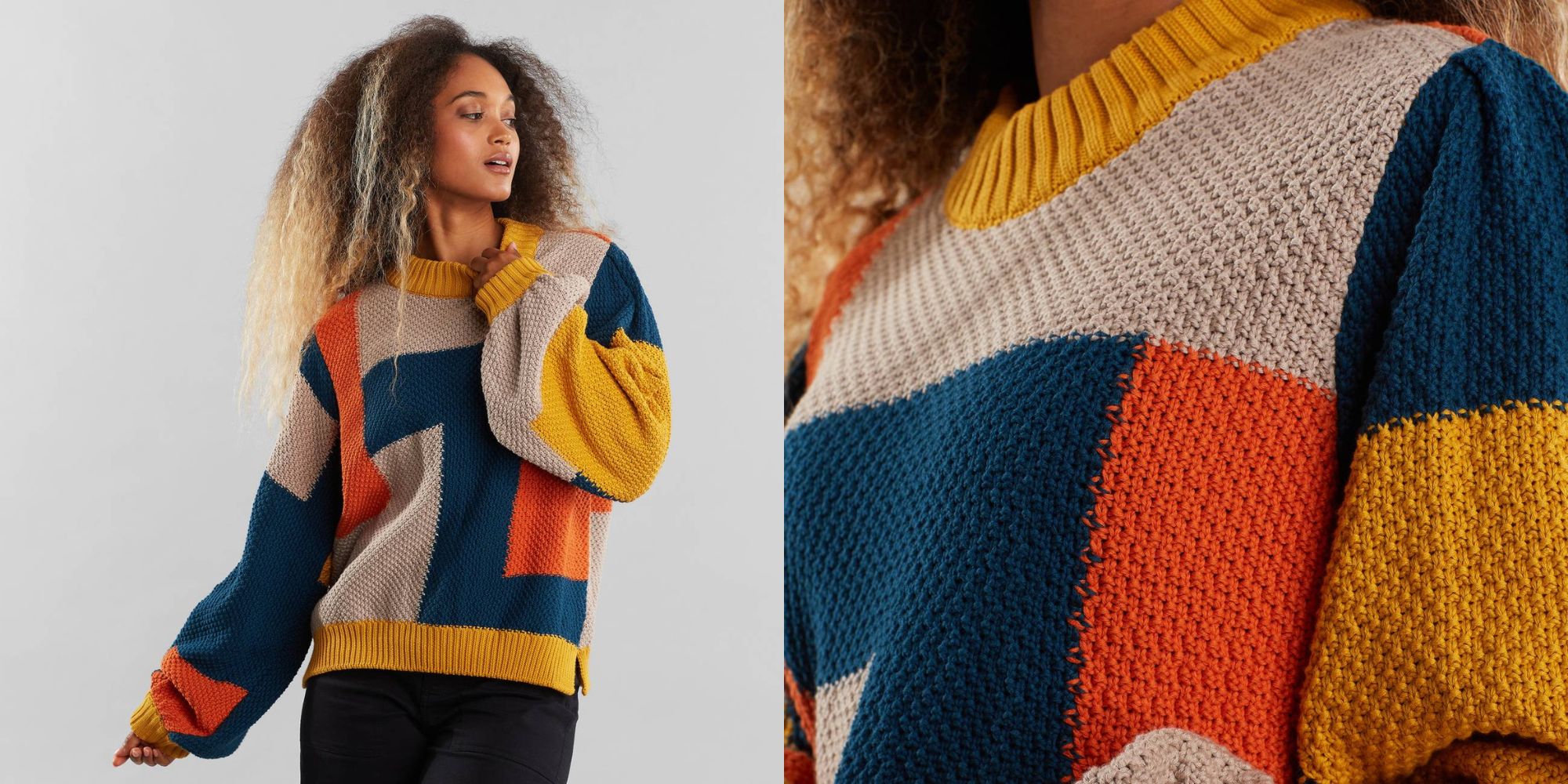 A colourful block print knitted sweater by Dedicated.