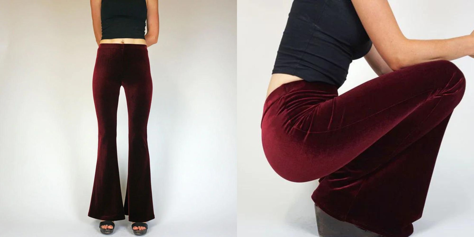 Red velvet flared pants by Flare Street.