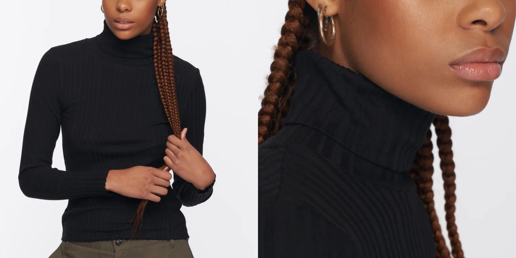 A black ribbed turtleneck top by Kotn.