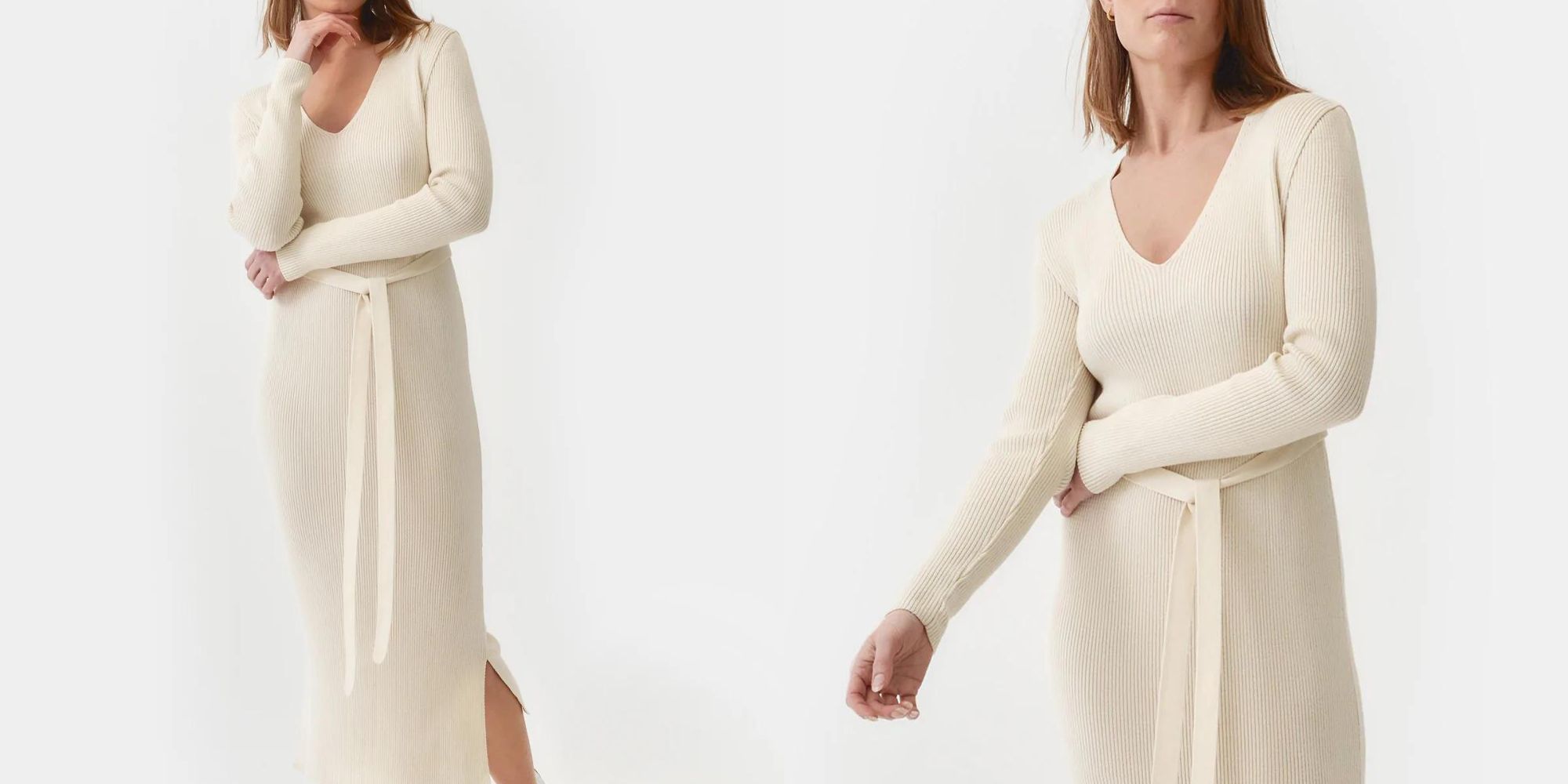 A cream long sleeve tie waist knitted dress by Mila.Vert.