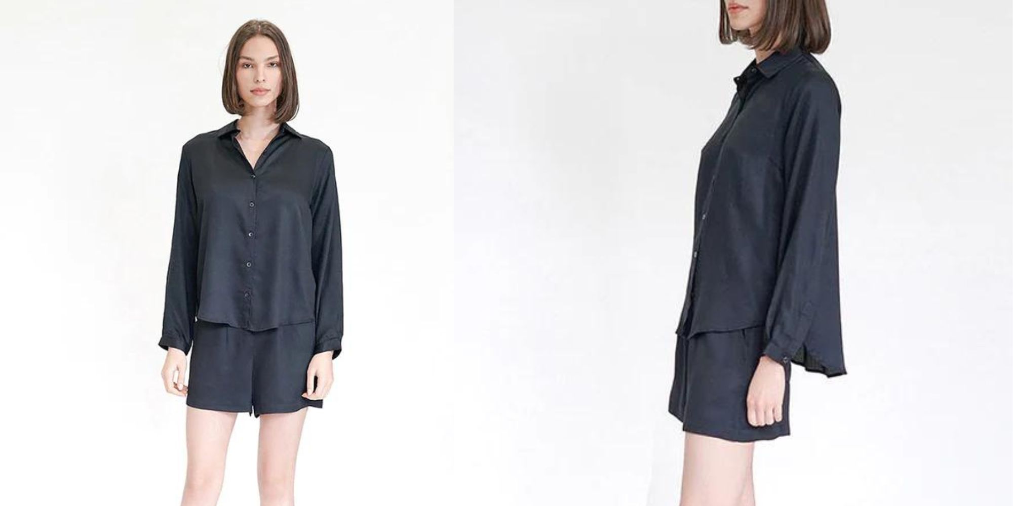 A black silky button up shirt and shorts made responsibly from TENCEL Modal by Neu Nomads.