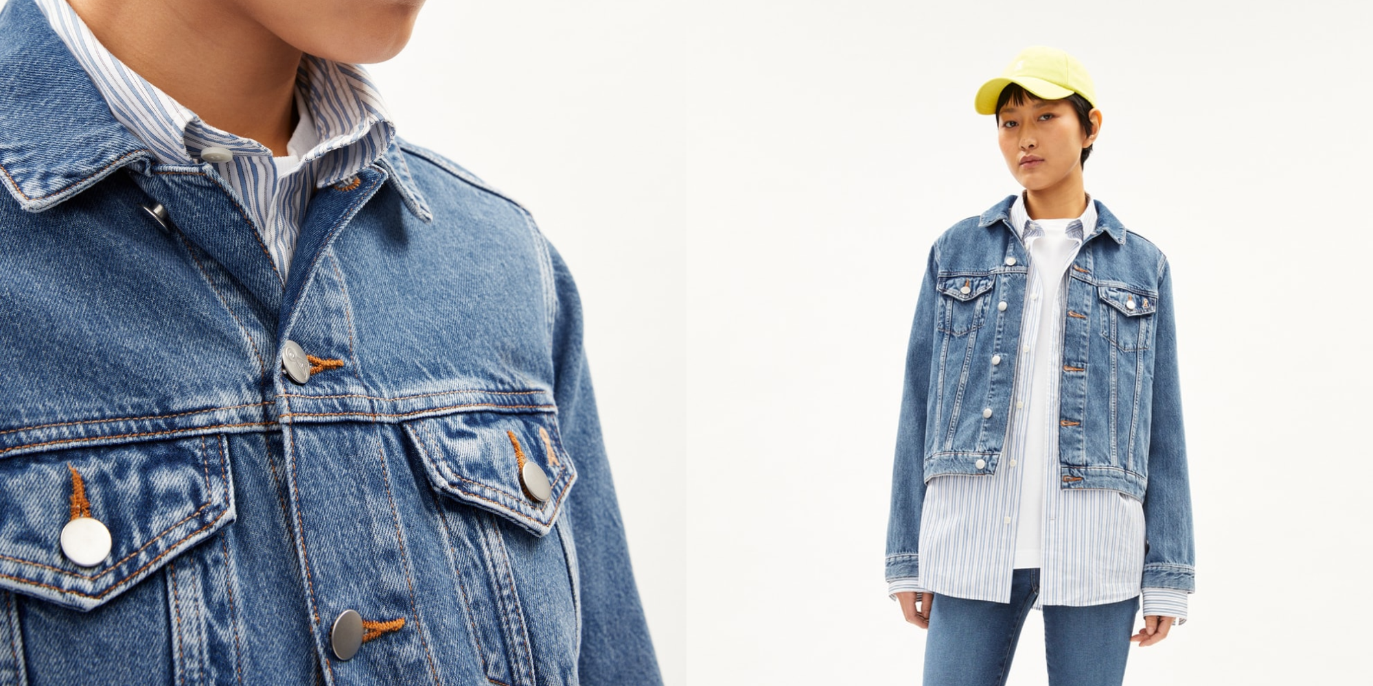 Someone in denim jacket by Armedangels.