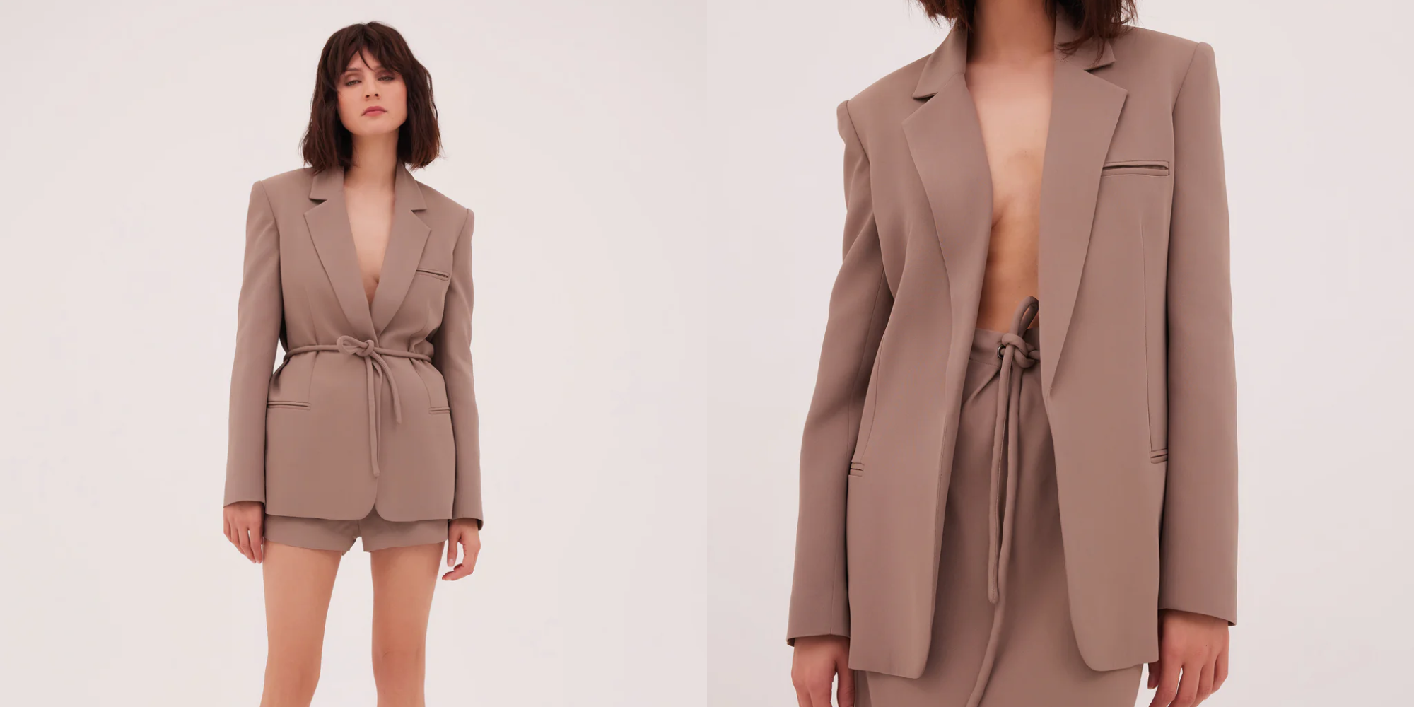 Someone in taupe suiting jacket by Bianca Spender.
