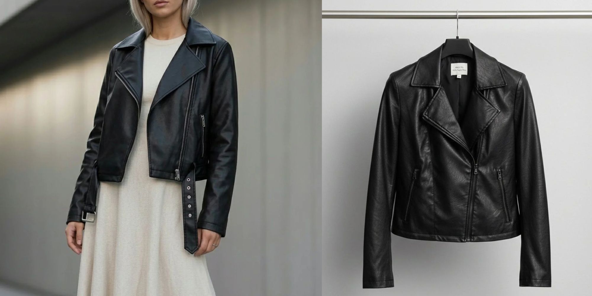 person wearing black vegan leather biker jacket from will's vegan store