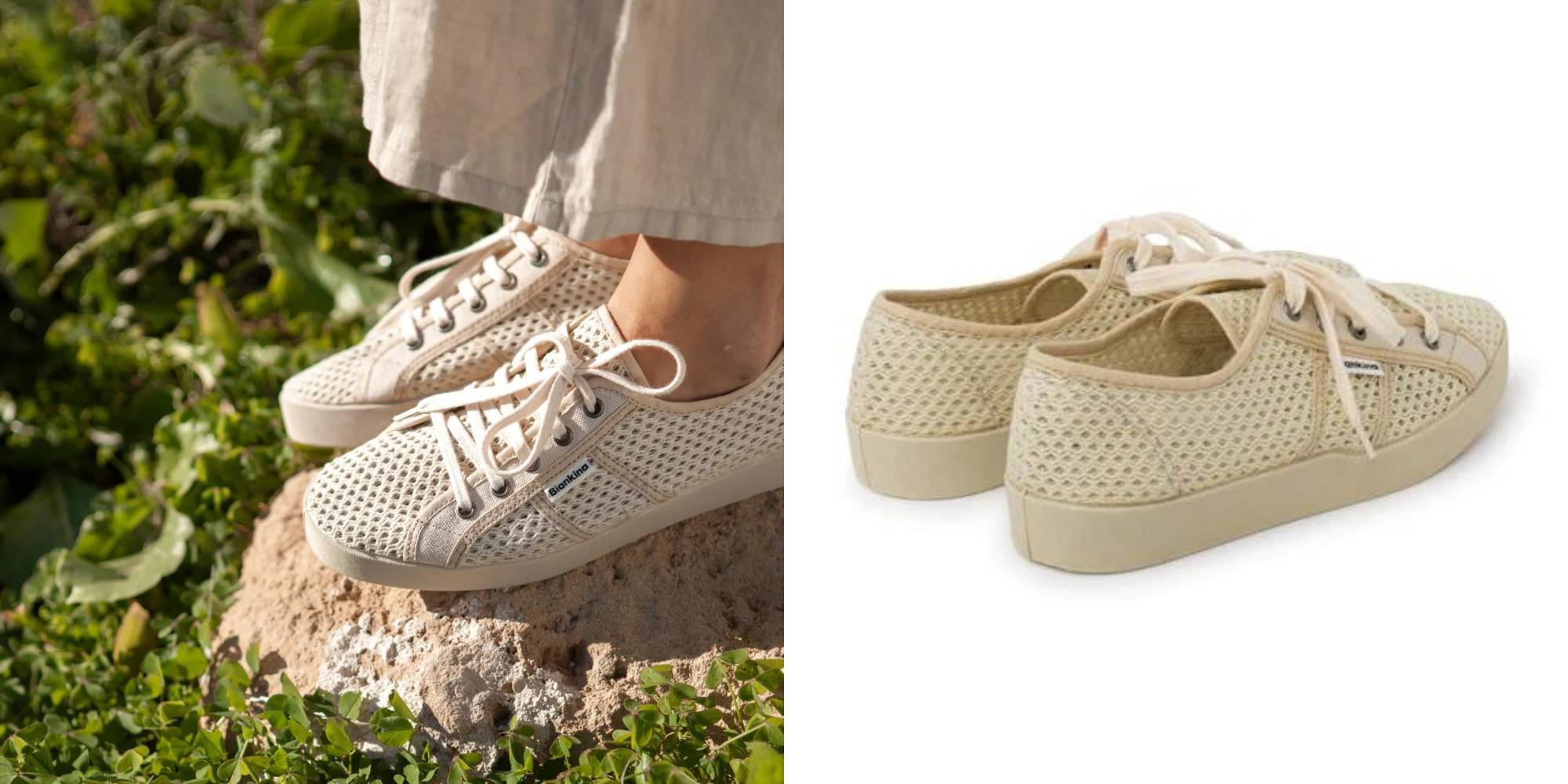 A pair of light beige flat canva sneakers by Biankina.