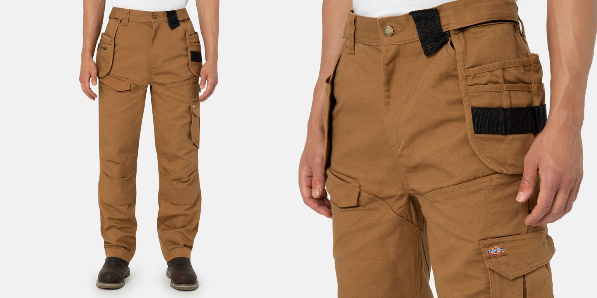 Brown construction pants with multiple pockets by Dickies.