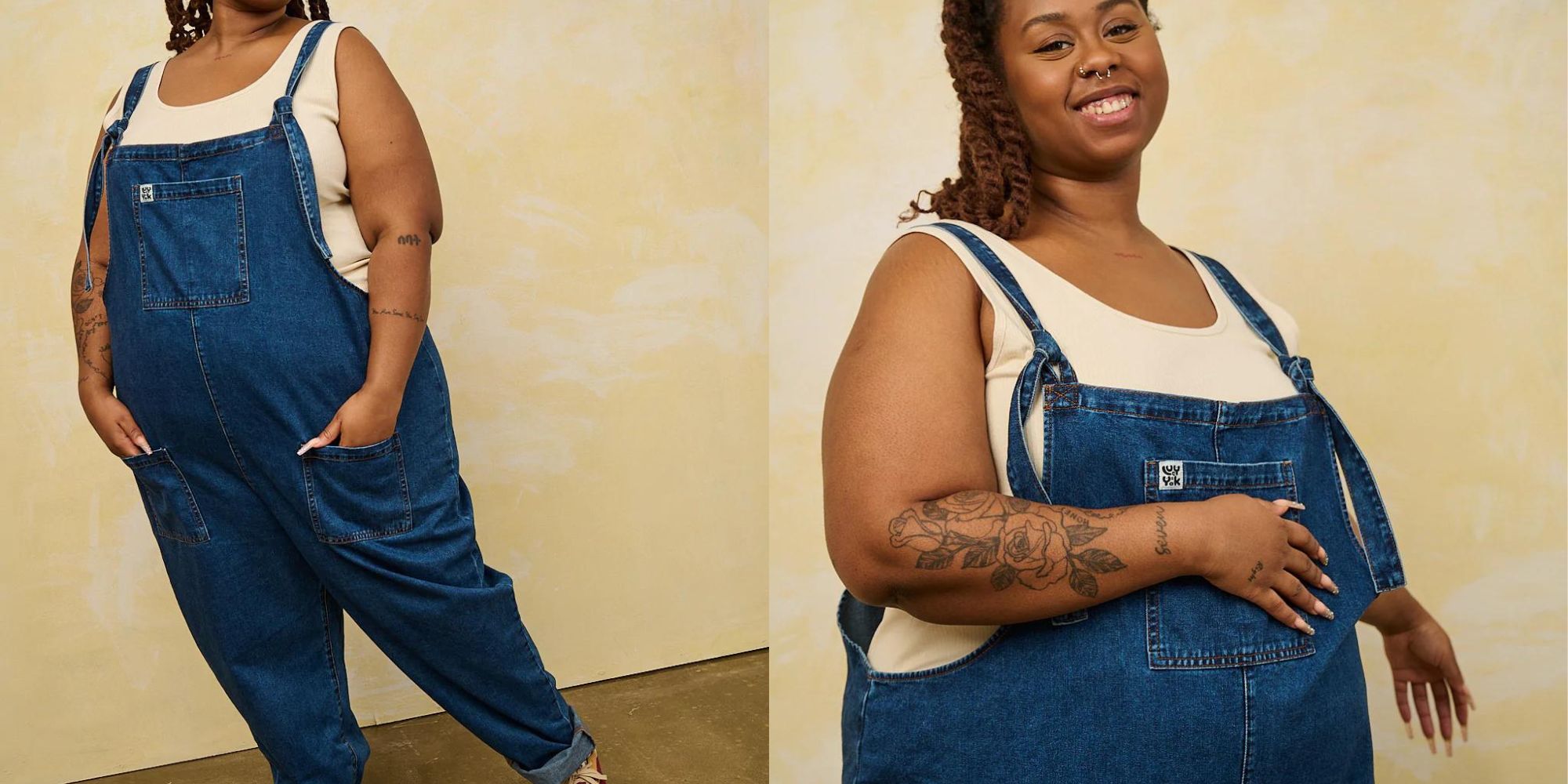 A mid wash denim dungaree by Lucy & Yak.