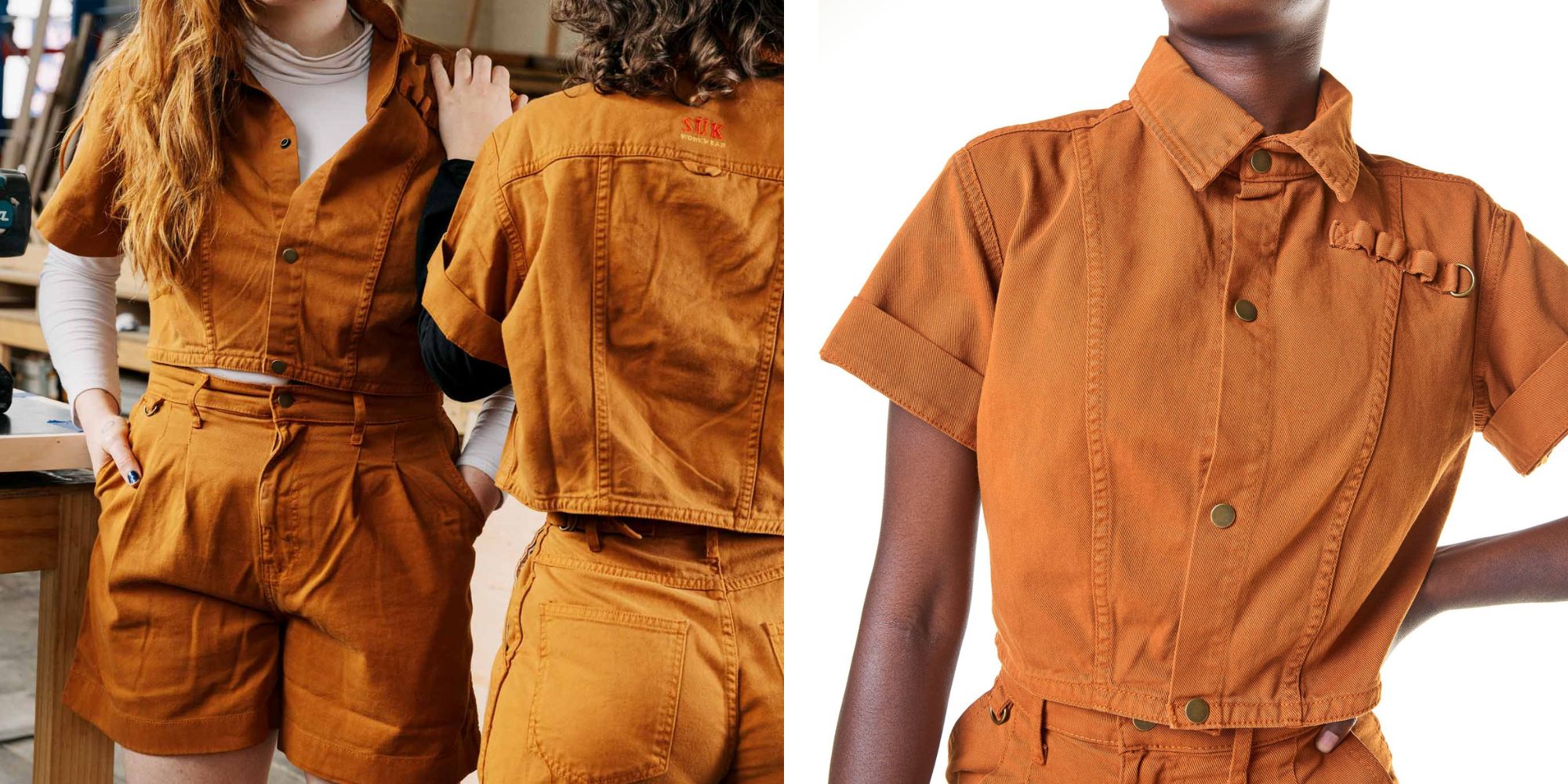 A rust coloured construction workwear utility shirt in a cropped style.