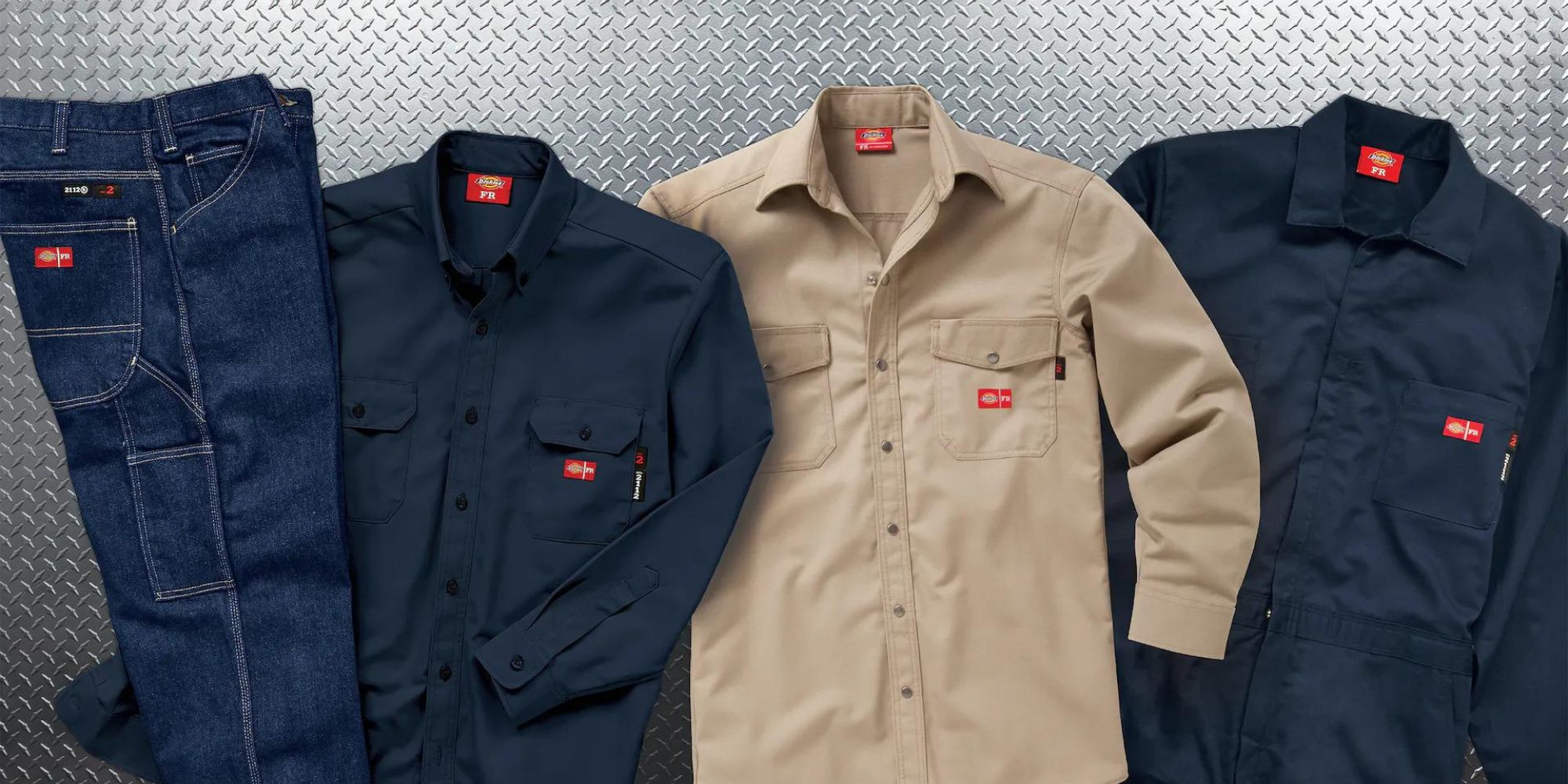 A selection of blue and beige workwear garments by Dickies.