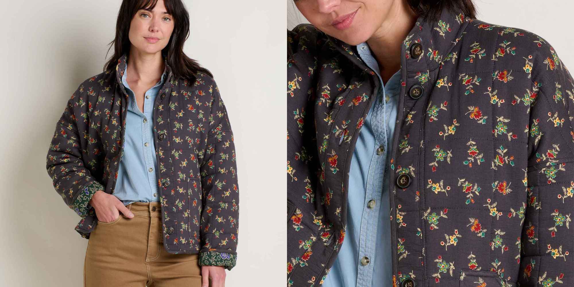 person wearing printed padded manzana jacket from toad&co