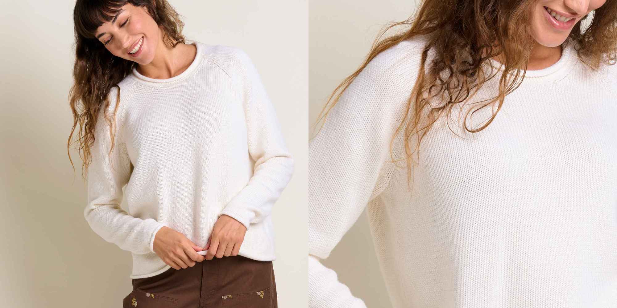 person wearing white knitted alpineglo jumper from toad&co