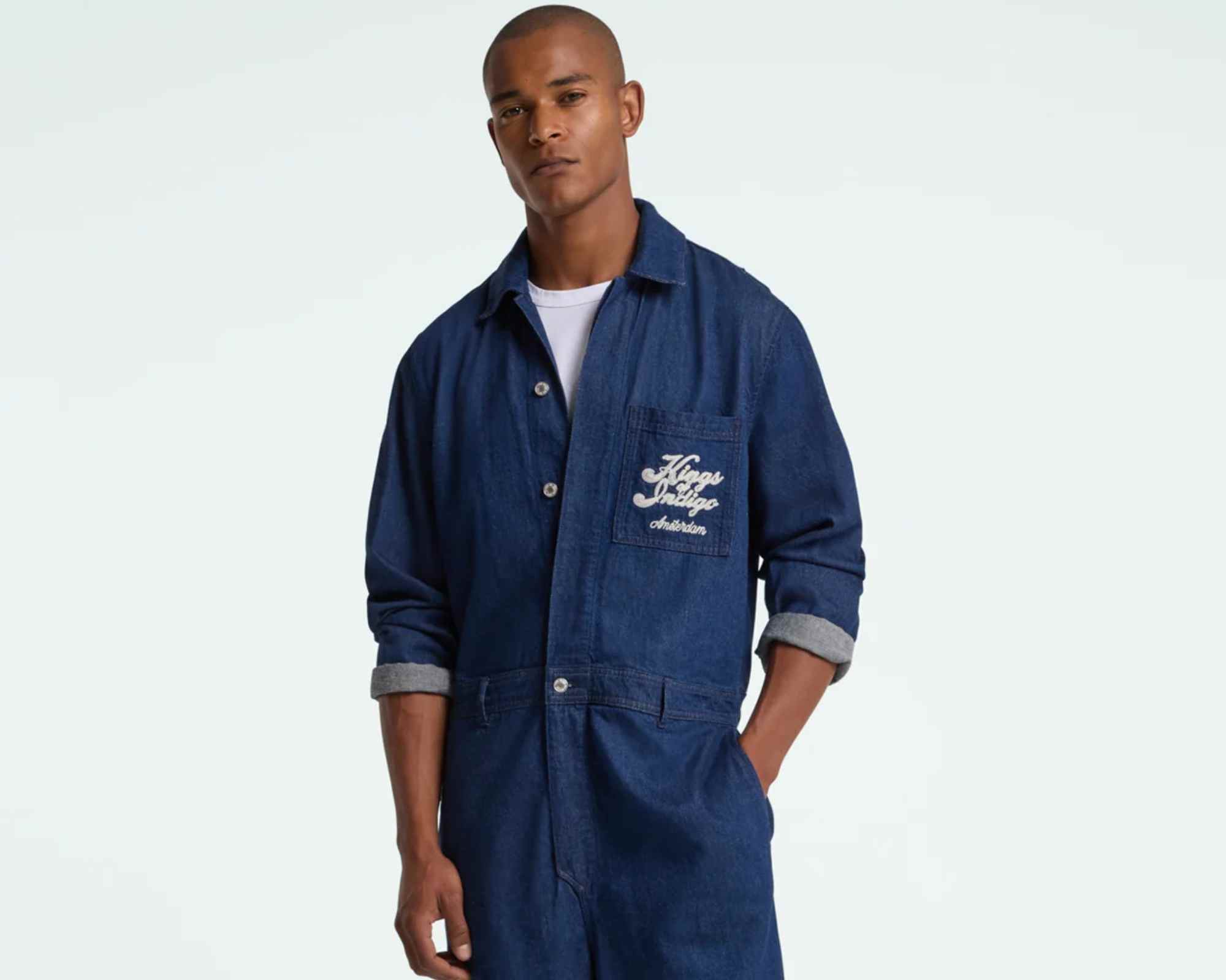 person wearing more sustainable workwear-inspired overalls from kings of indigo