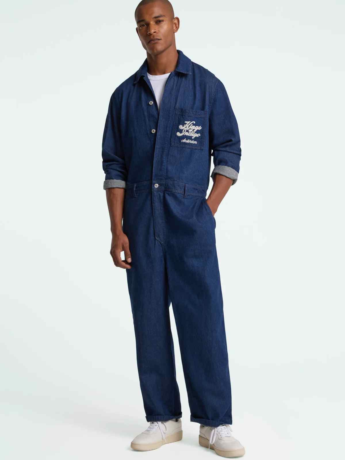 person wearing more sustainable workwear-inspired overalls from kings of indigo